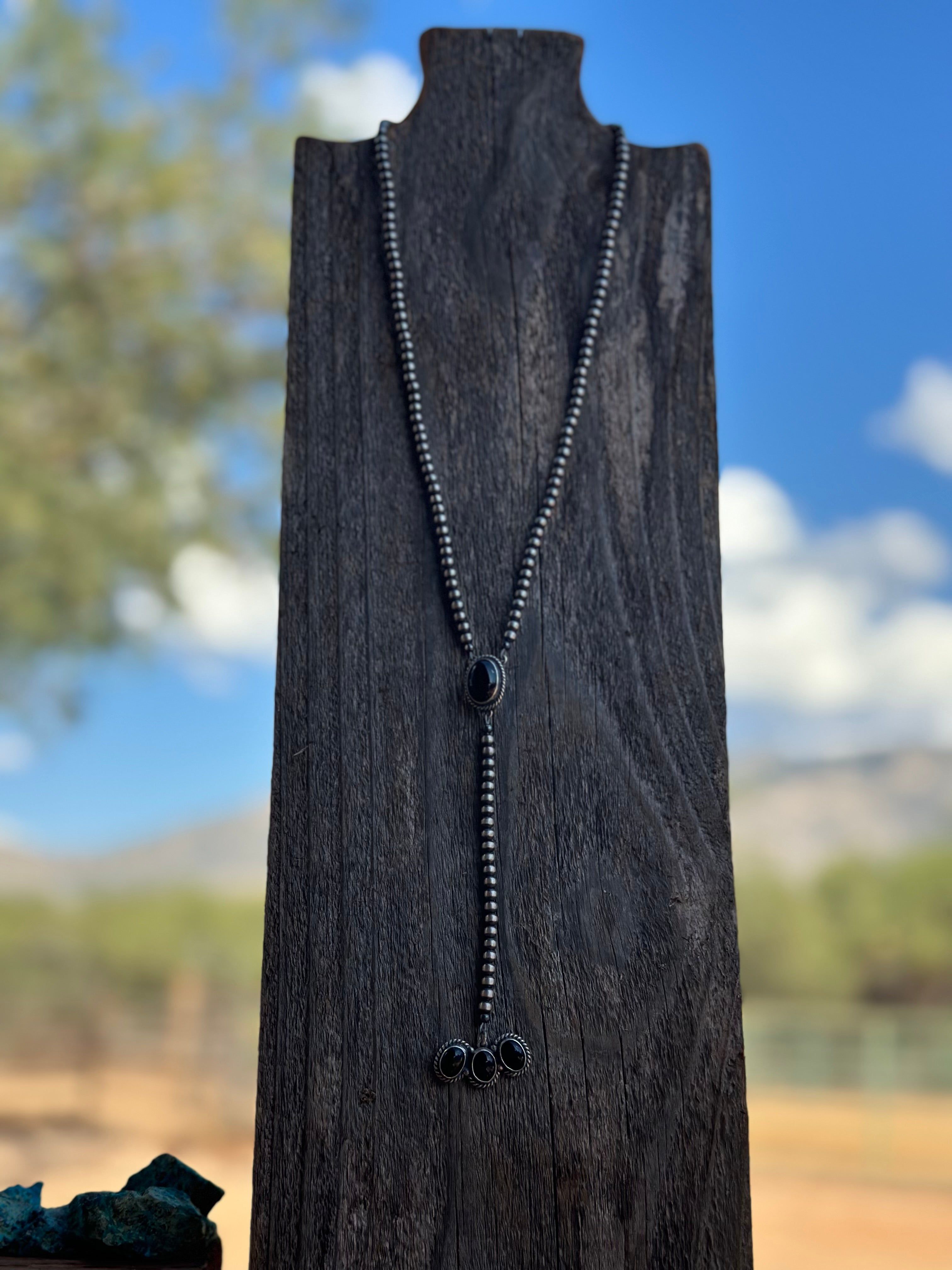 Navajo Onyx & Sterling Silver Pearl Beaded Lariat Necklace