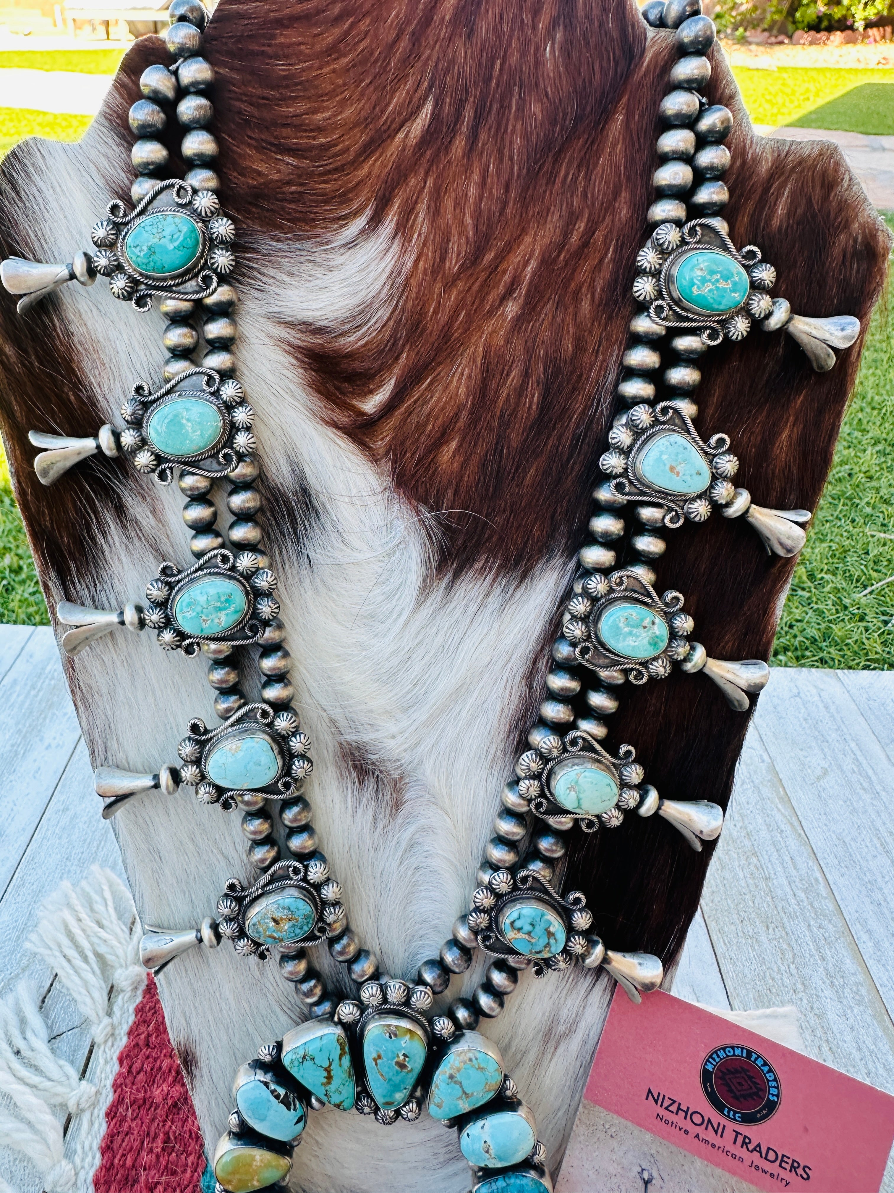 Handcrafted Turquoise & Sterling Silver Squash Blossom Necklace and Earring Set by Bobby Johnson