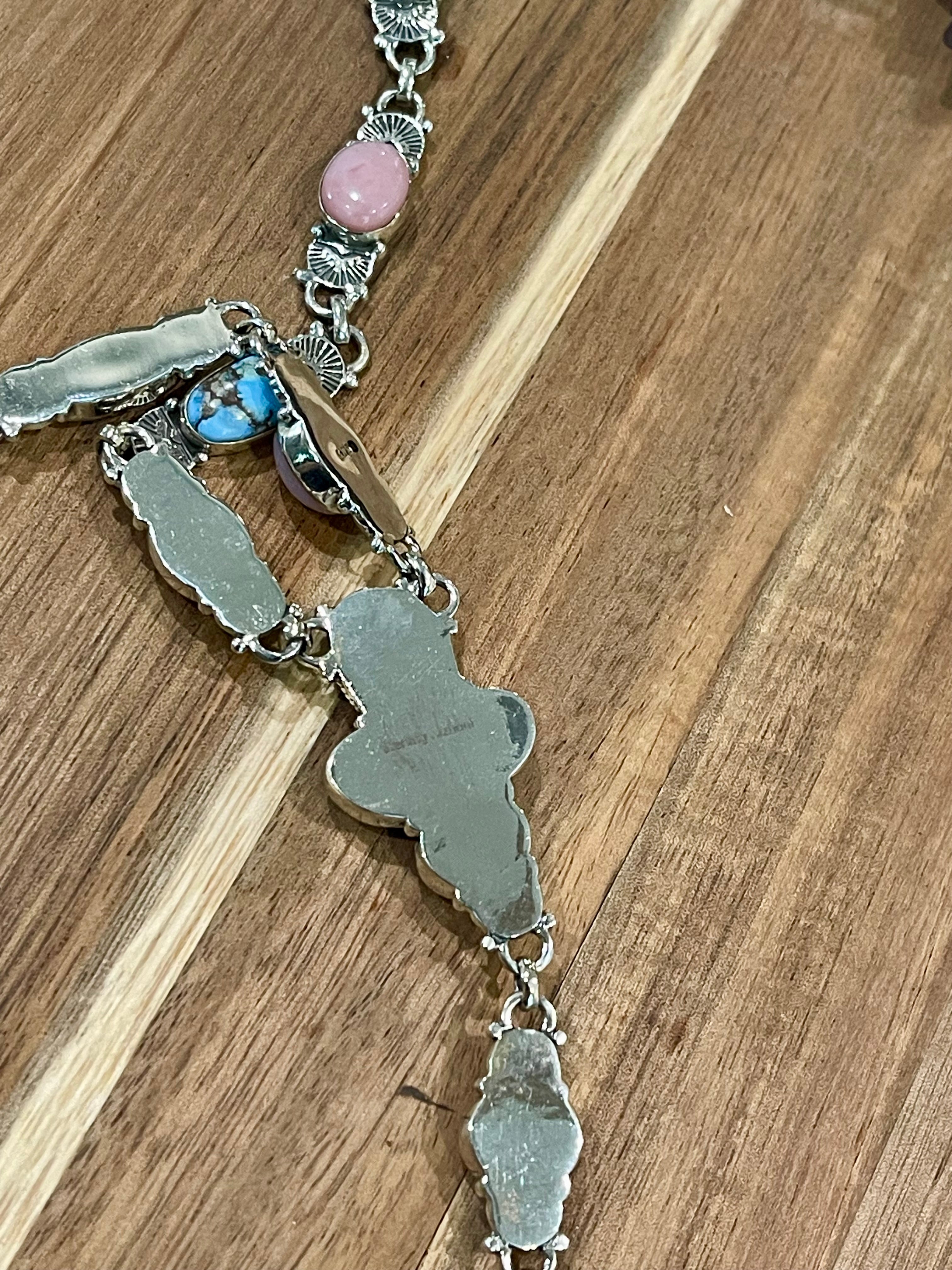 Handmade Sterling Silver, Golden Hills & Pink Conch Lariat Necklace