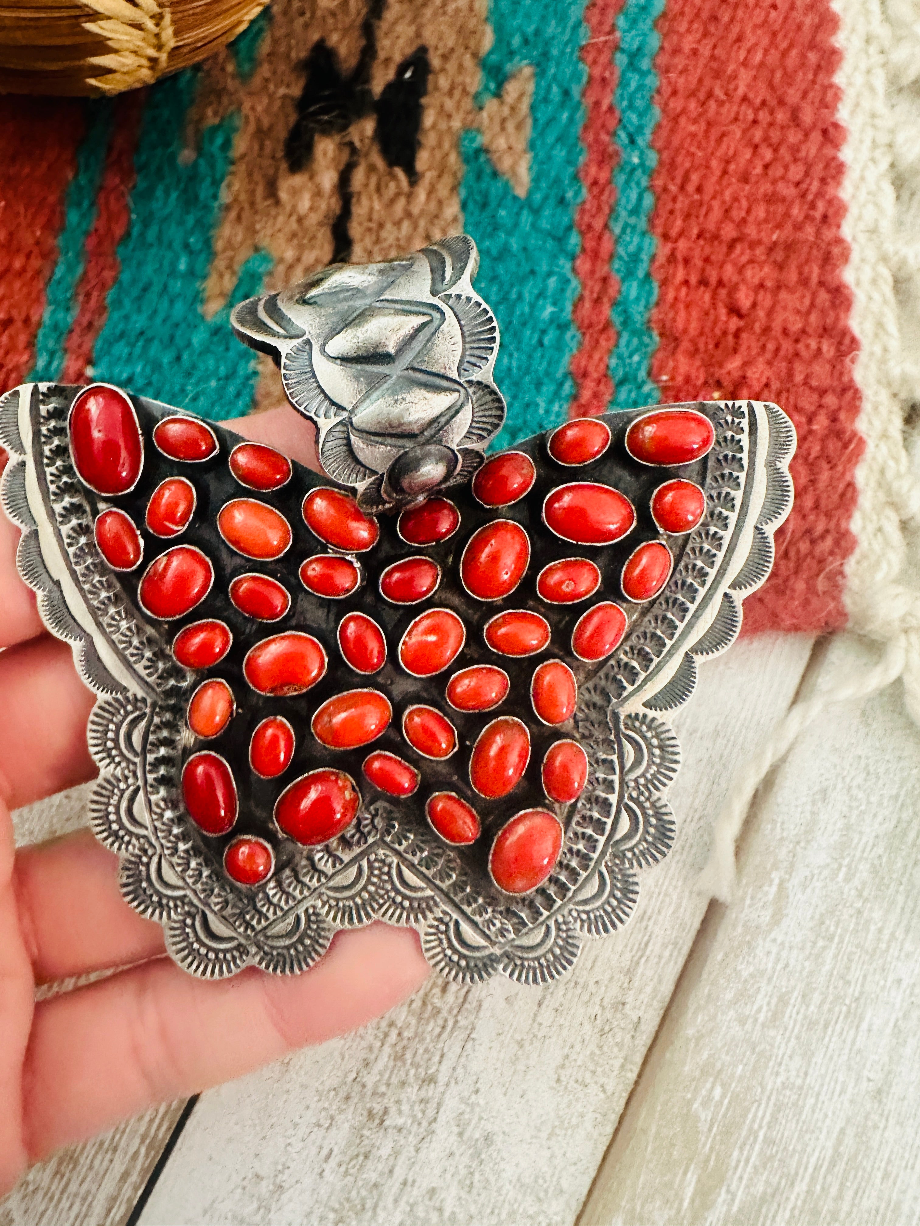 Navajo Sterling Silver & Coral Butterfly Pendant by Shawn Cayatineto