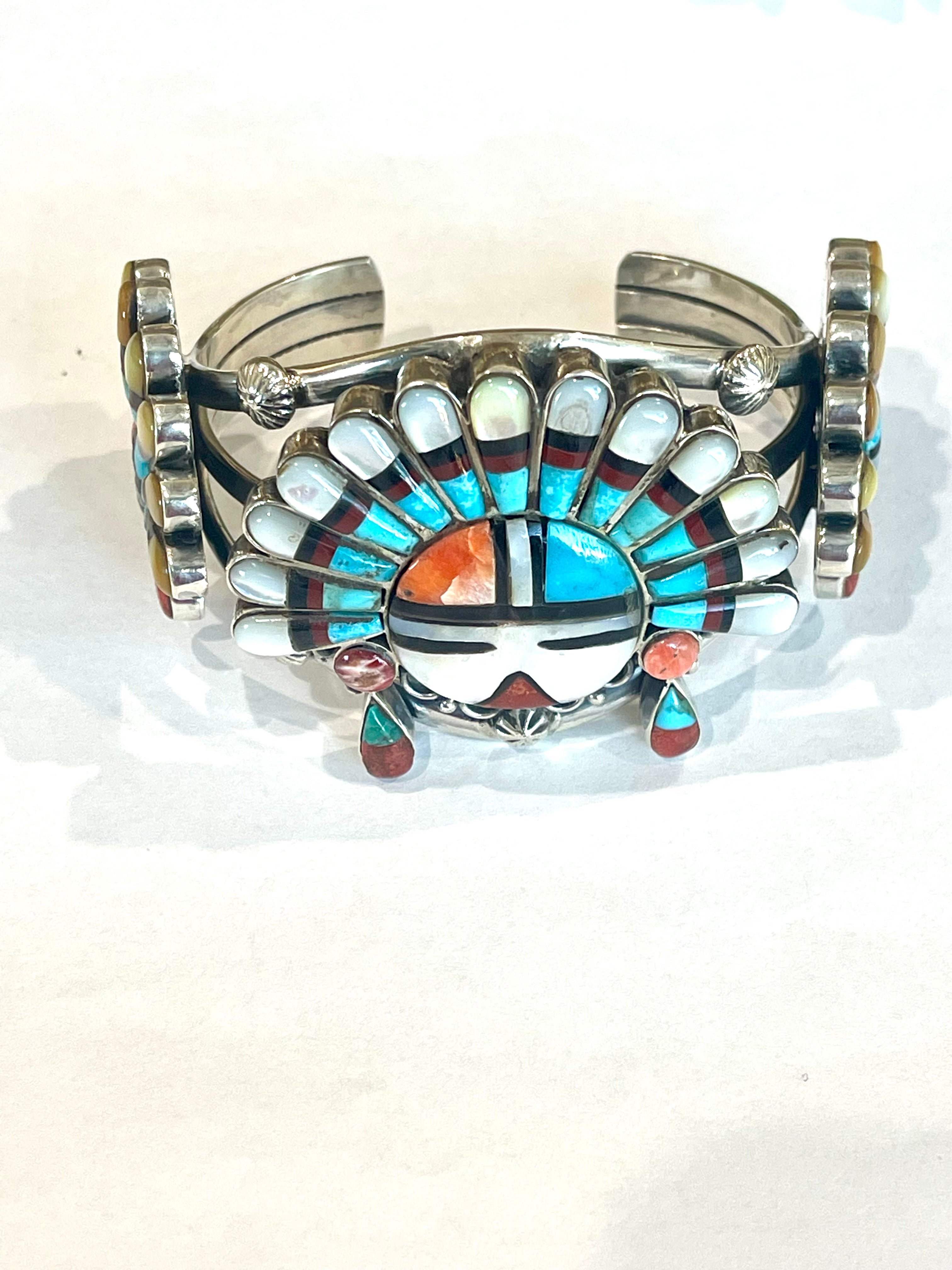 Handmade Sterling Silver & Multistone Sun Face Adjustable  Cuff Bracelet /