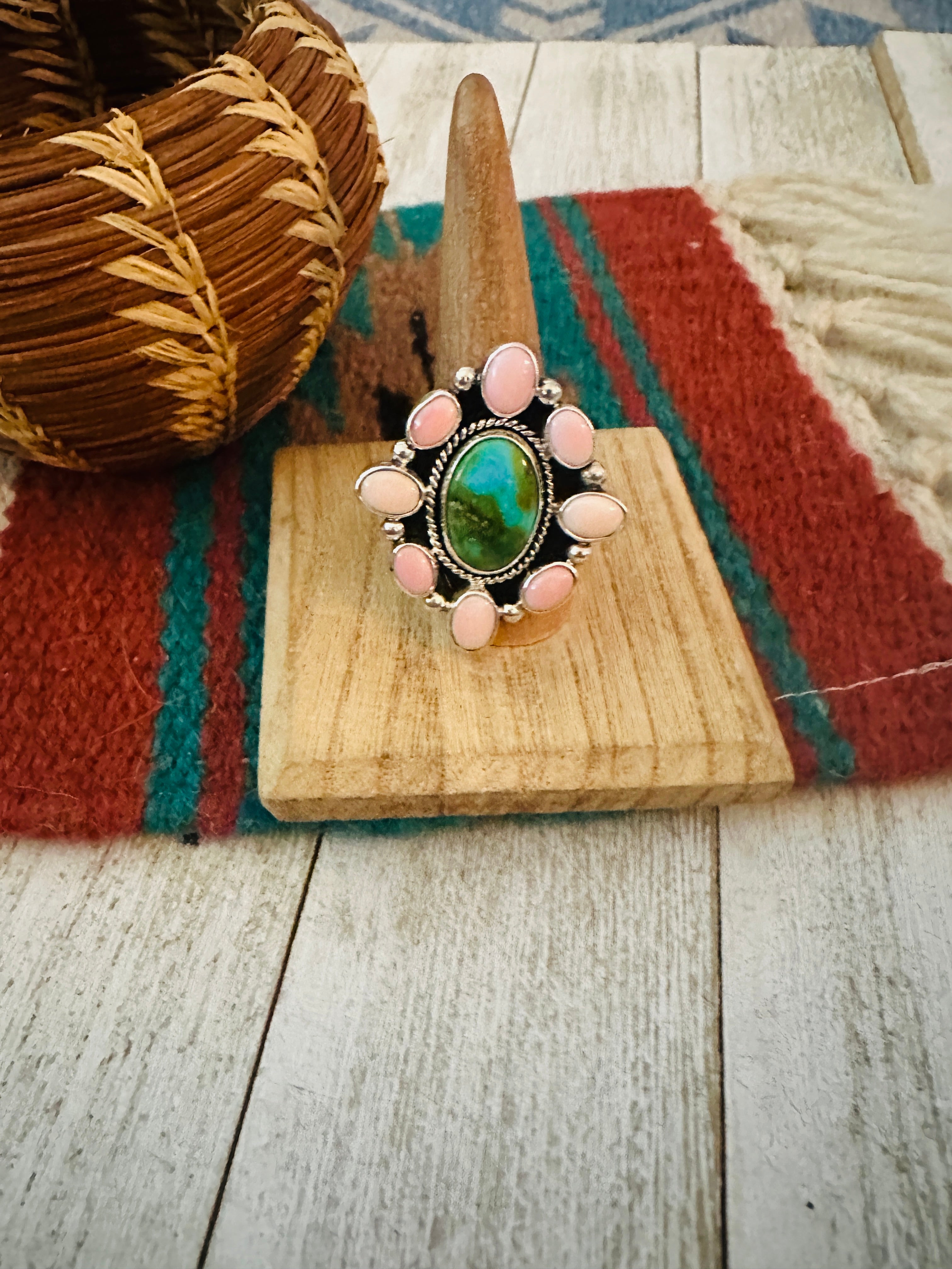 Navajo Sterling Silver, Queen Pink Conch & Turquoise Cluster Adjustable Ring