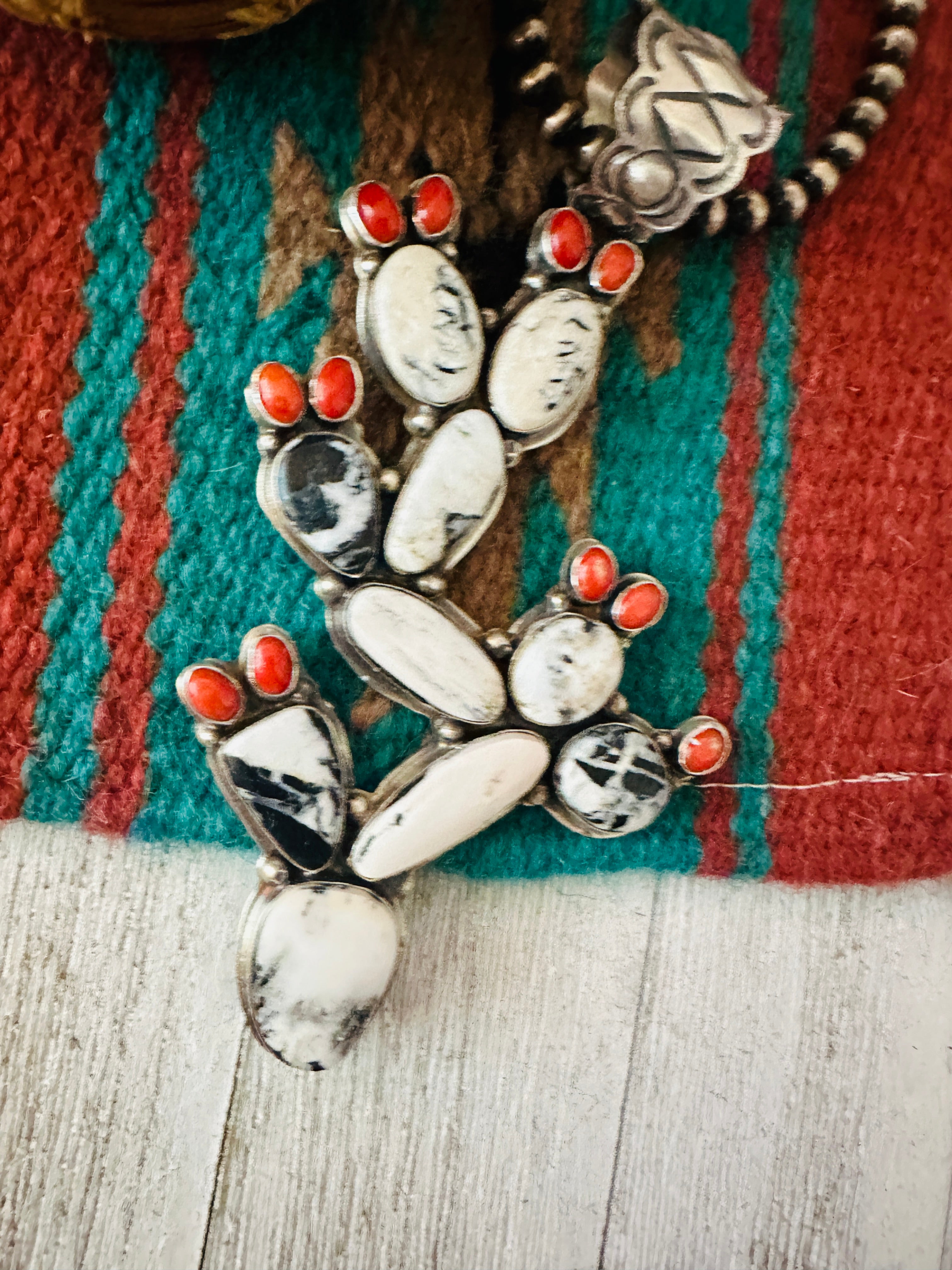 Navajo White Buffalo, Coral and Sterling Silver Cactus Pendant