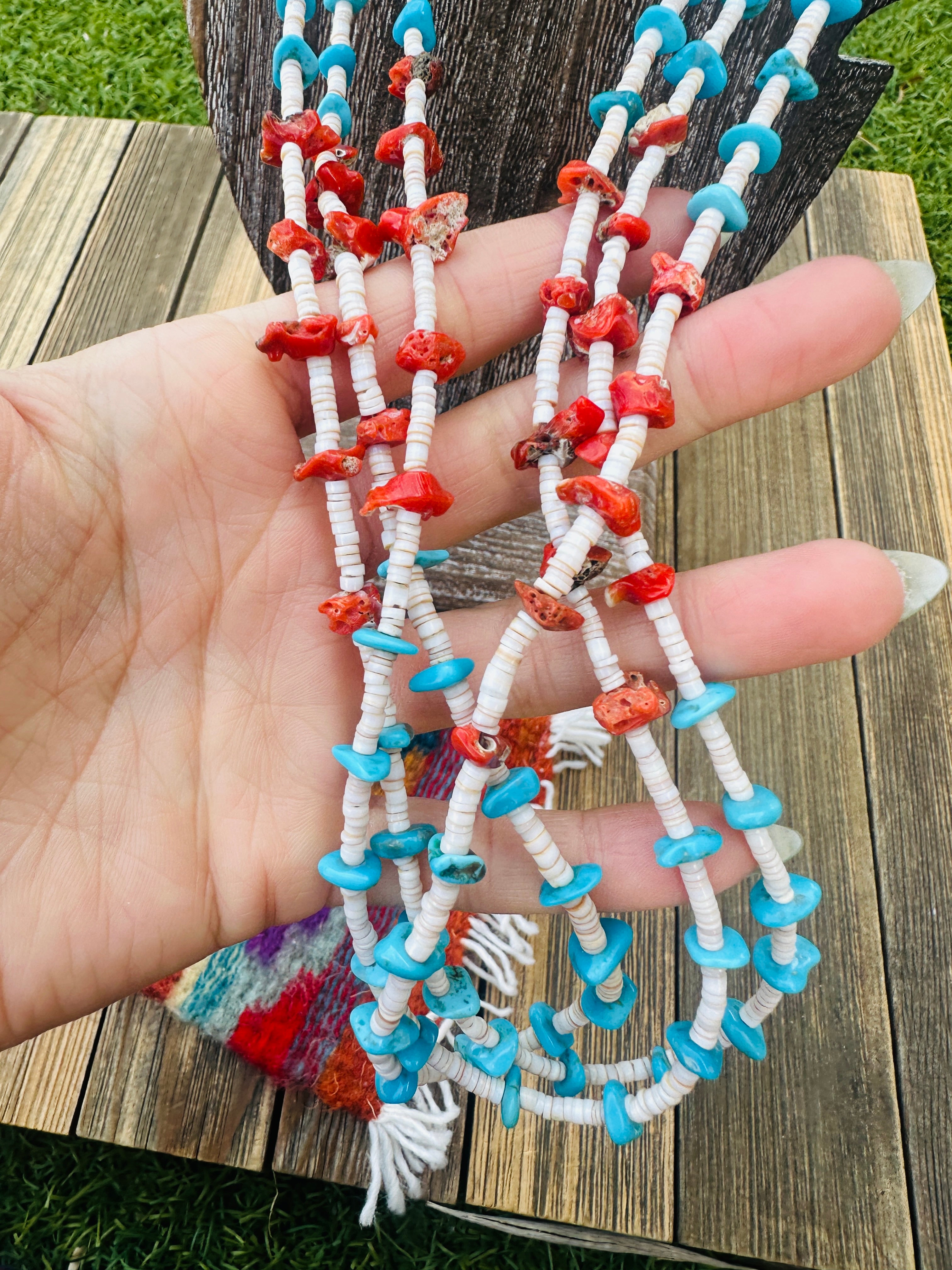 Old Pawn Handcrafted Turquoise, Coral & Heishi  Beaded 36” Necklace