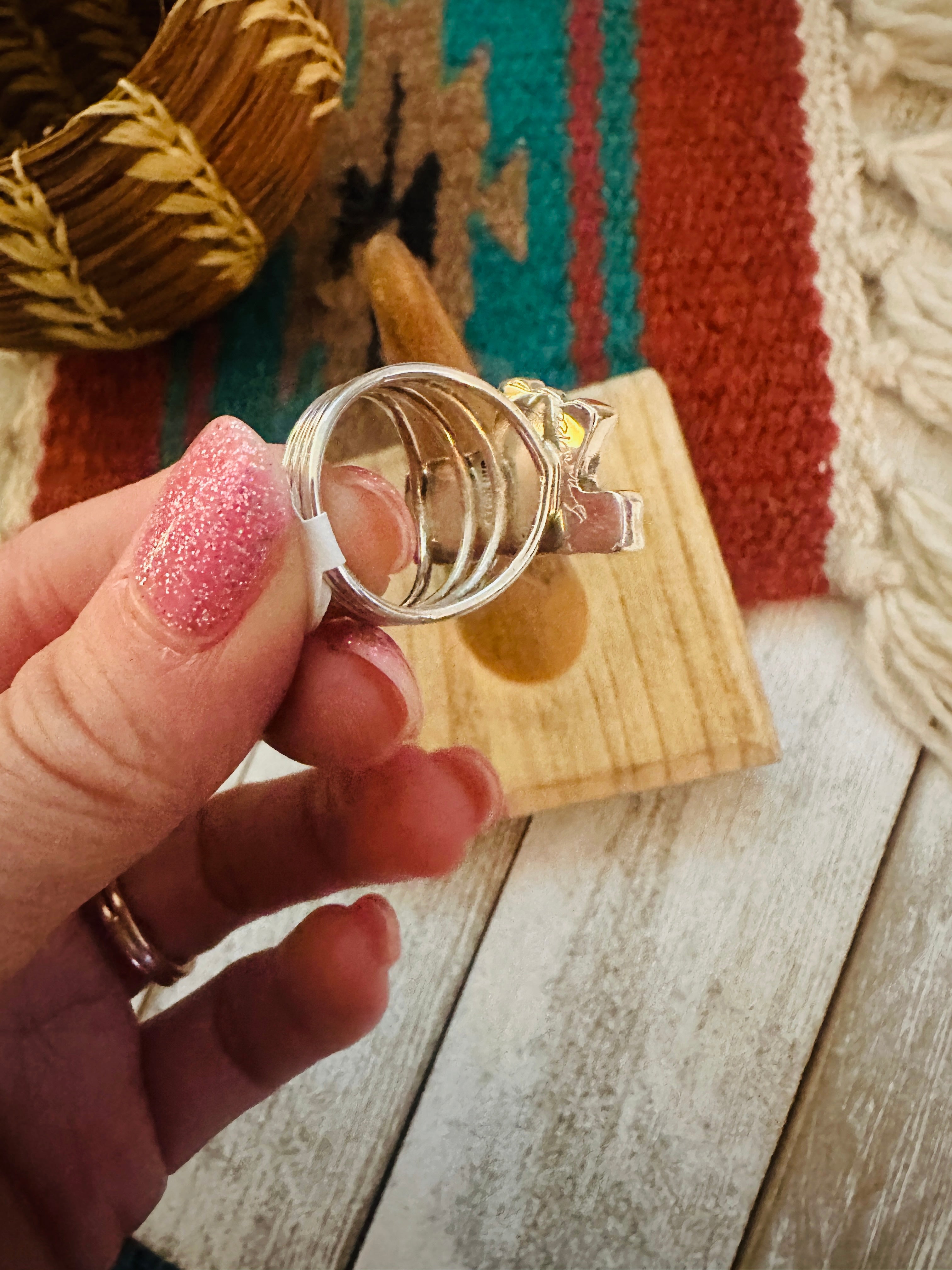 Zuni Coral, Turquoise & Sterling Silver Ring Size 6