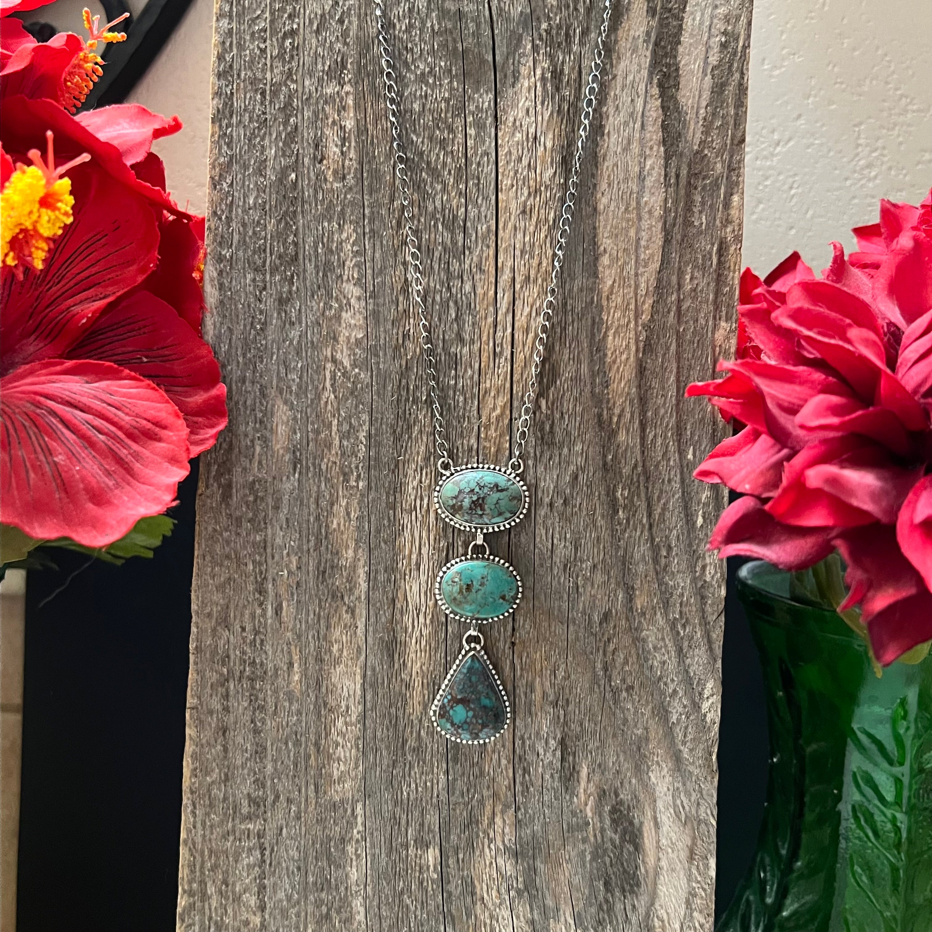 Handmade 3 Stone Turquoise & Sterling Silver Drop Necklace (07)