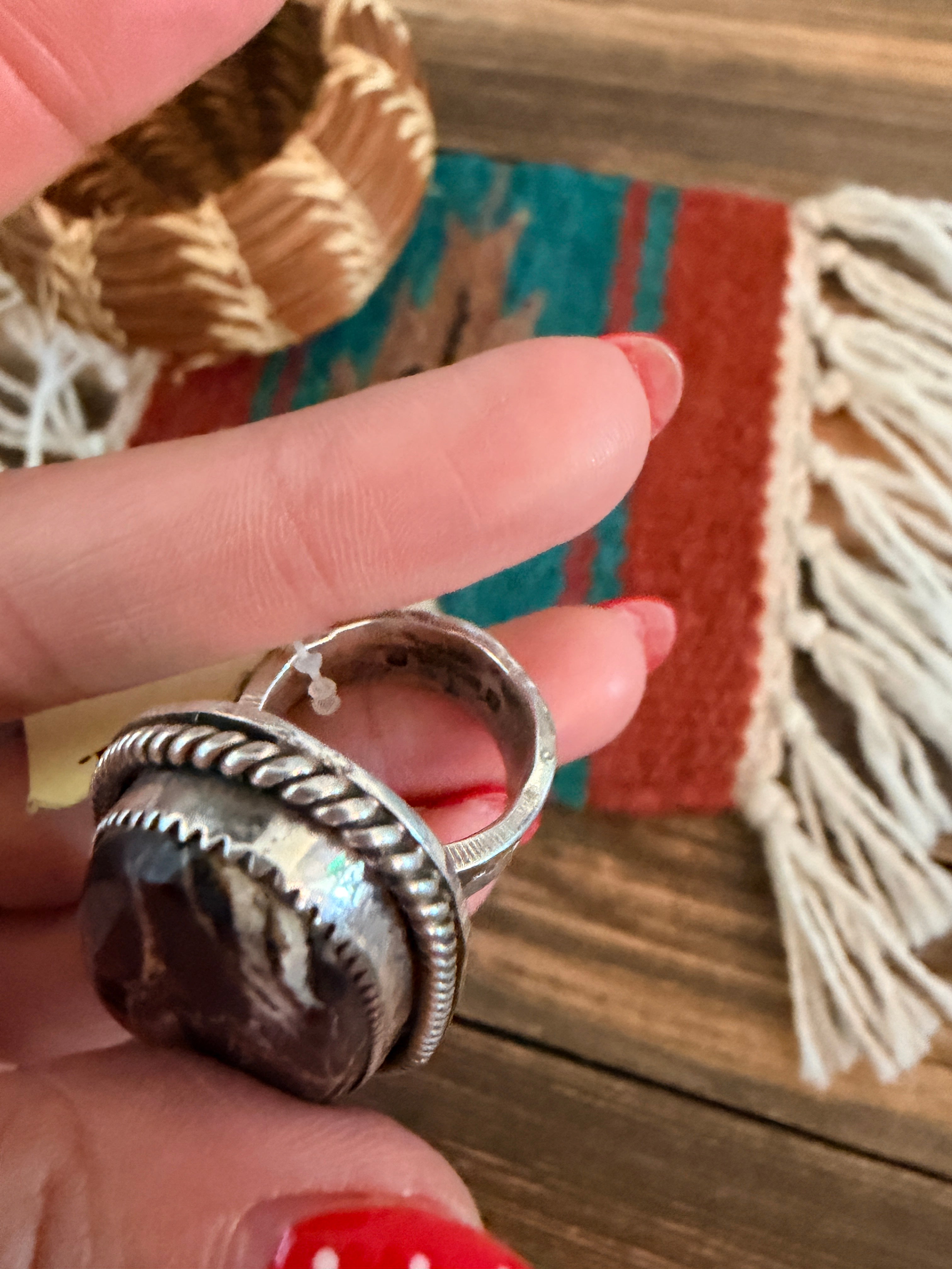 Old Pawn Handcrafted White Buffalo & Sterling Silver Adjustable Ring