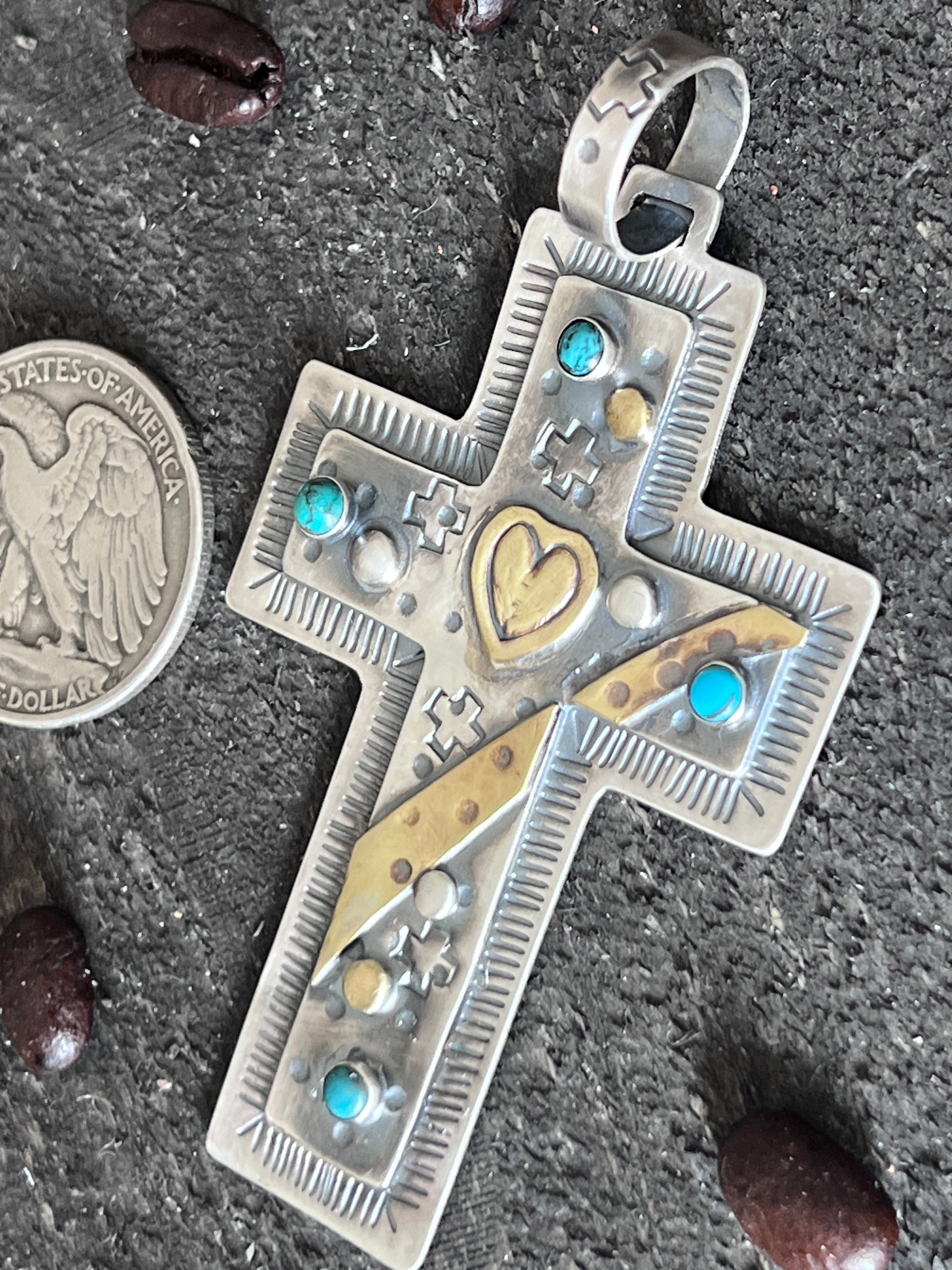 Hand Stamped Sterling Silver & Turquoise Cross Pendant w/ Brass Accents by Kimari Somers