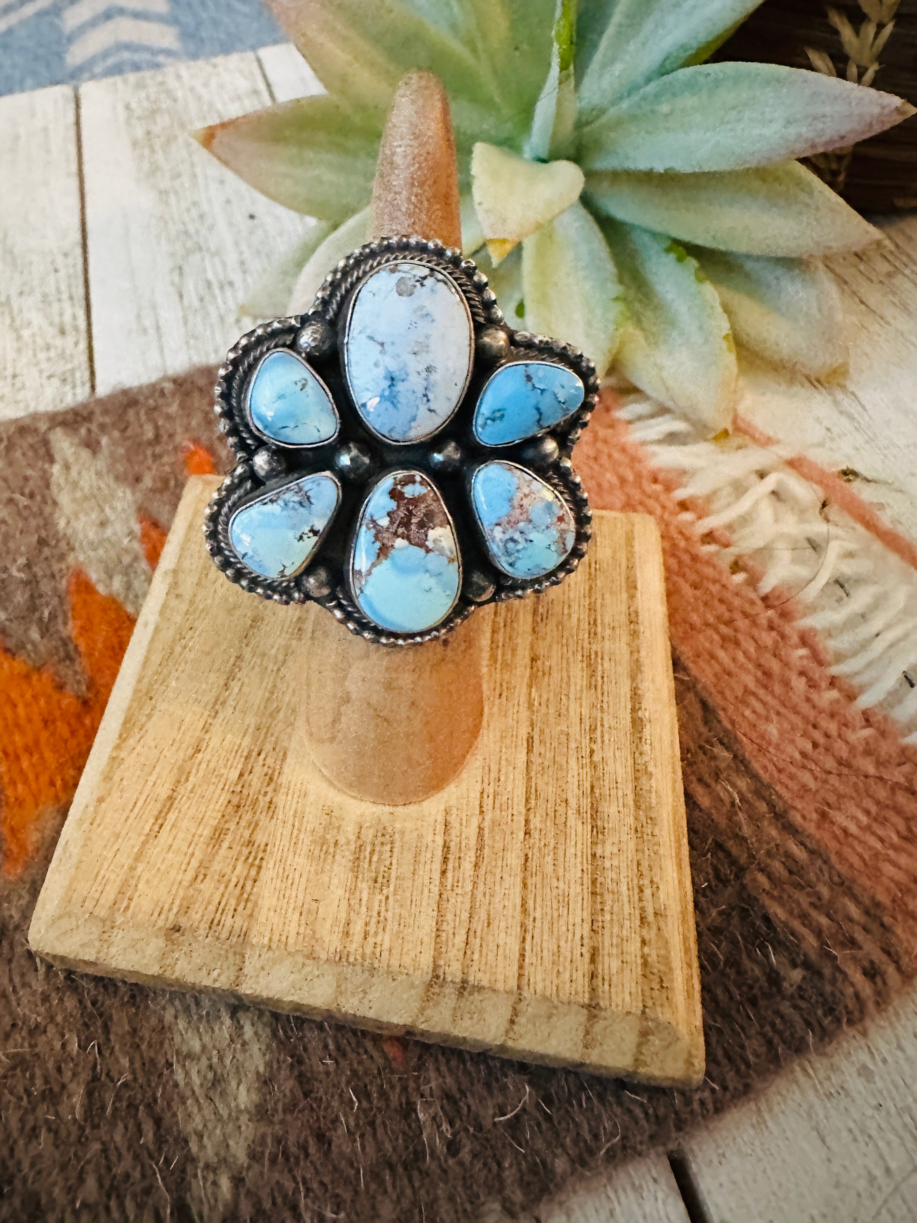 Navajo Golden Hills Turquoise & Sterling Silver Cluster Ring Size 7.5