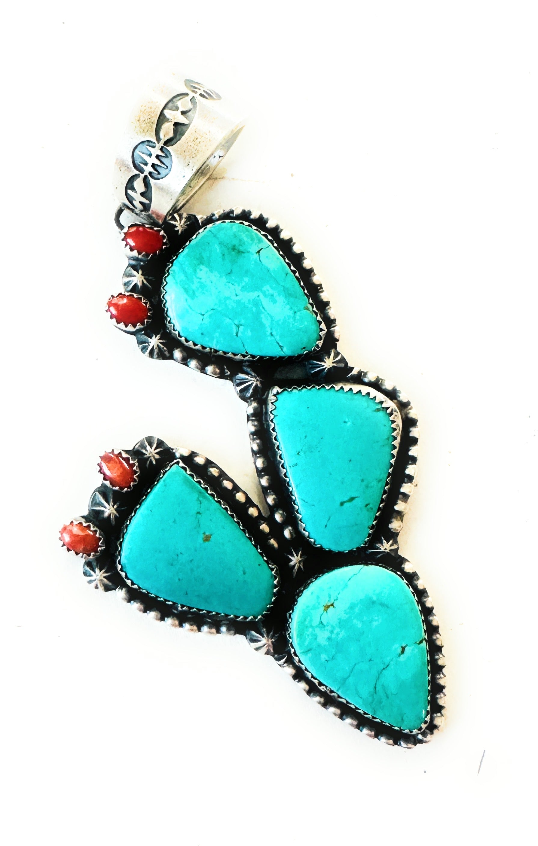 Navajo Turquoise, Coral and Sterling Silver Cactus Pendant