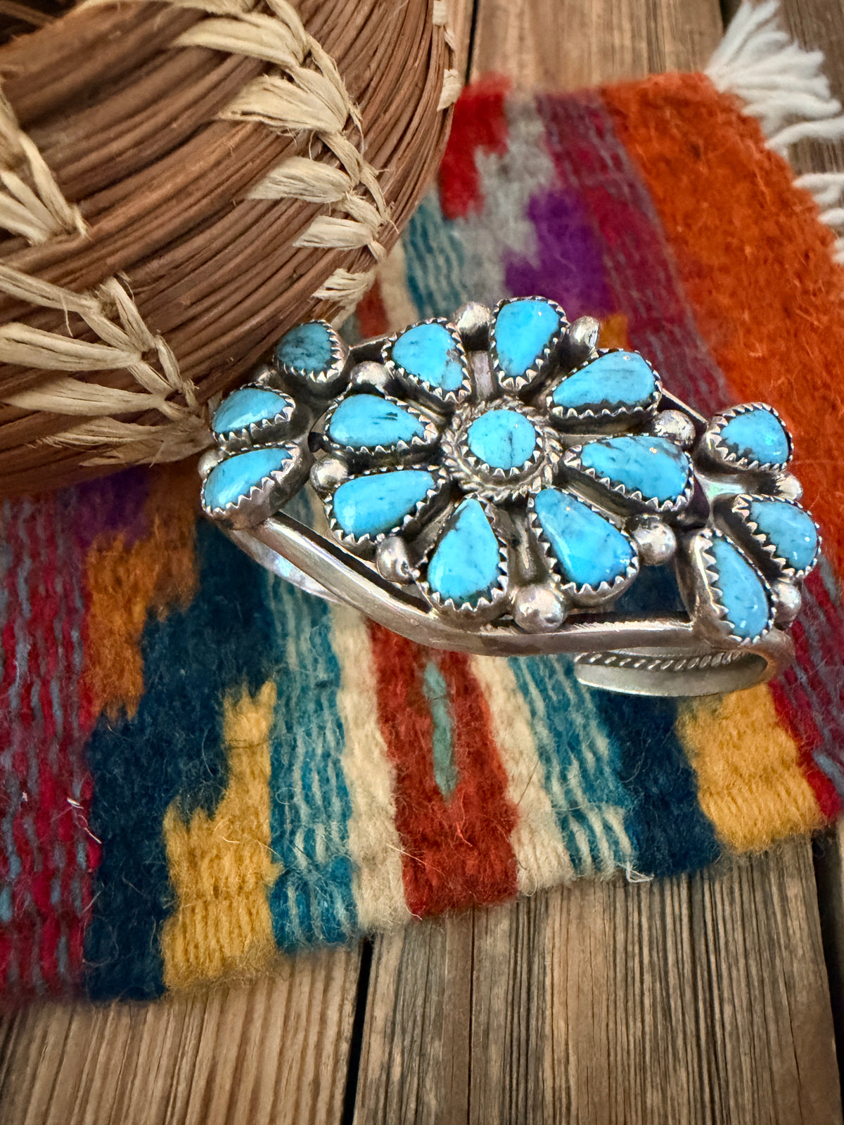 Handcrafted Old Pawn Sterling Silver & Turquoise Cluster Cuff Bracelet