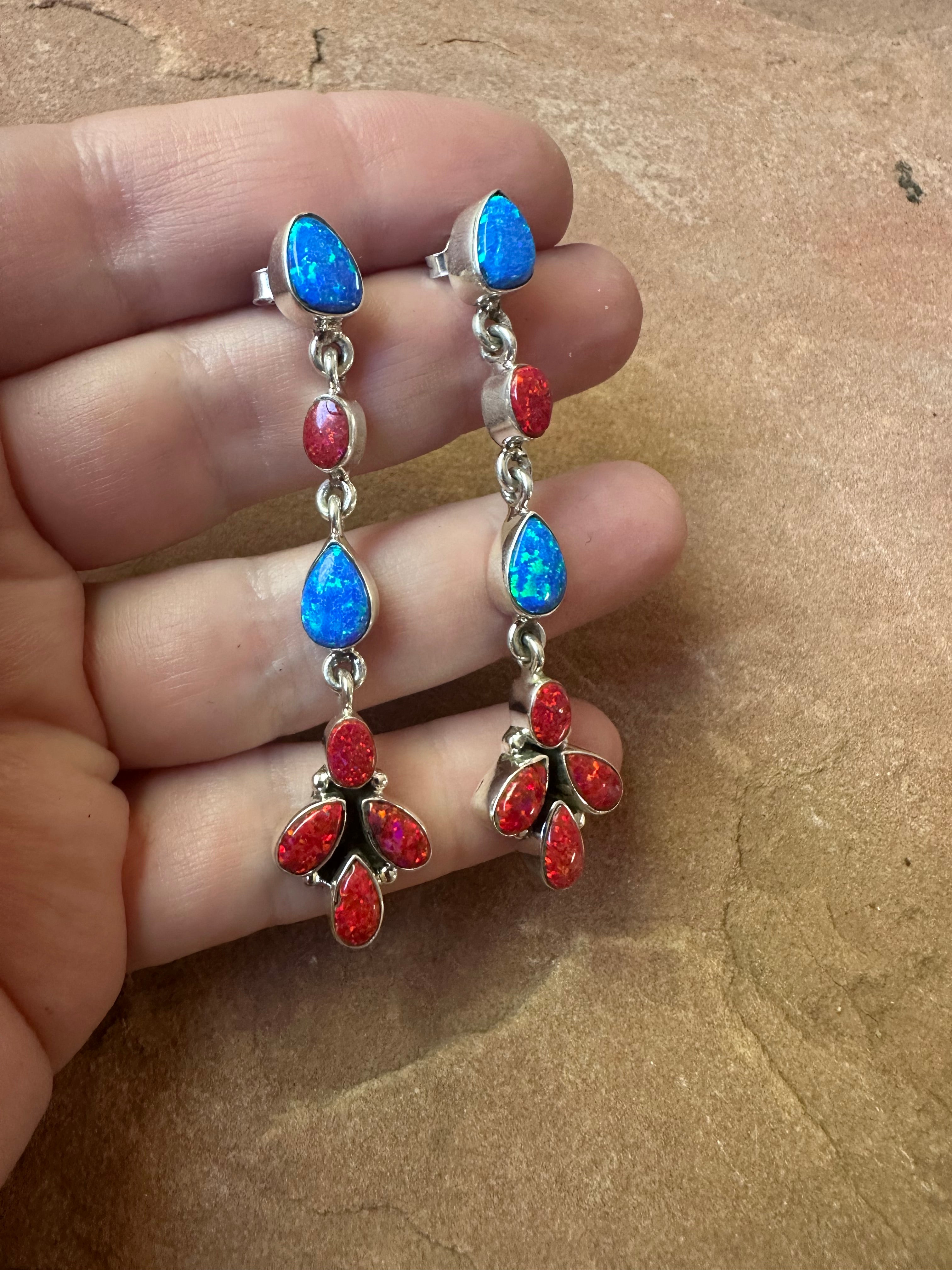 4th Of July Handmade Red, White & Blue Fire Opal and Sterling Silver Dangles