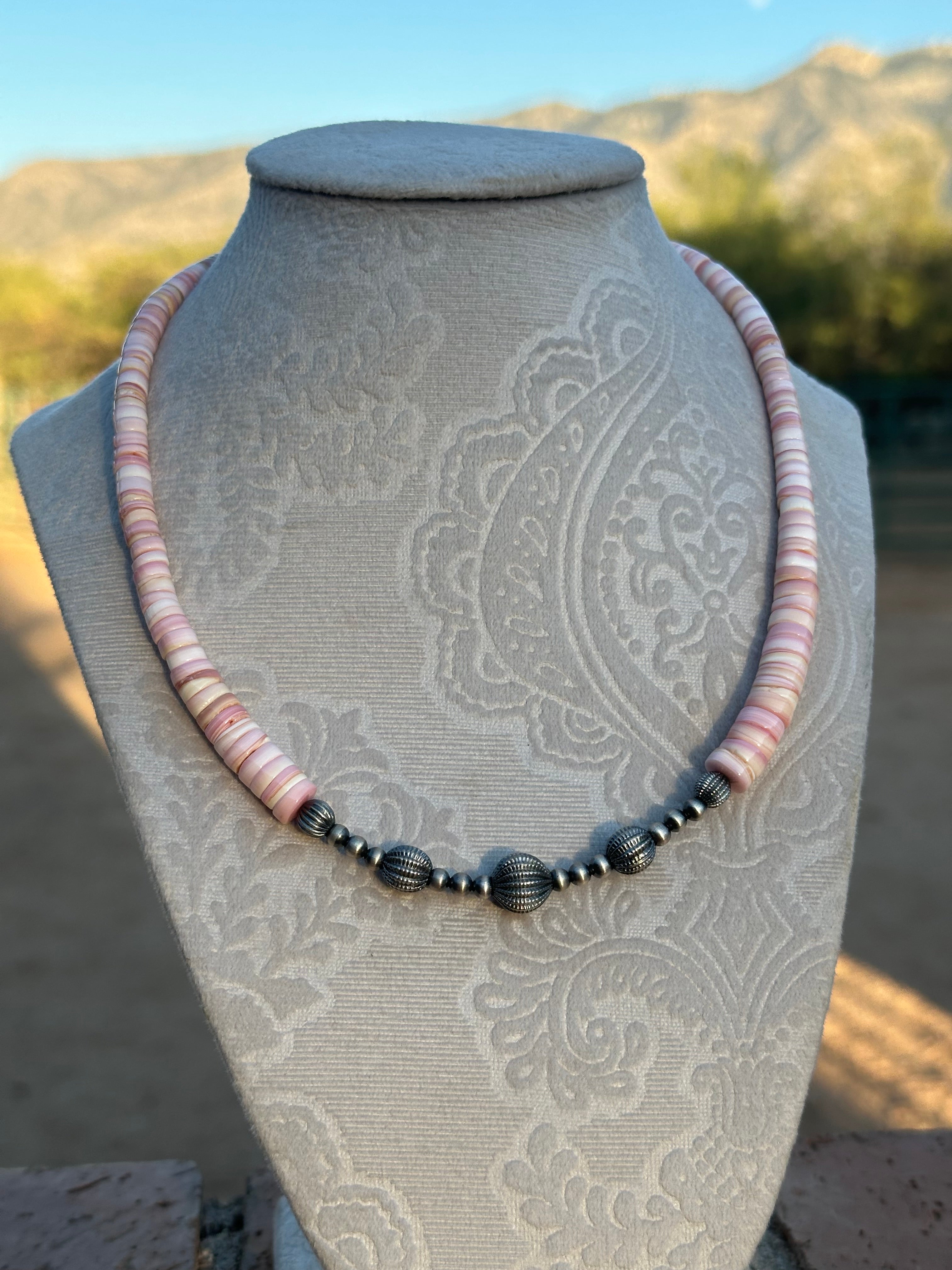 Handmade Pink Conch & Sterling Silver Beaded Necklace 18”-20” inch