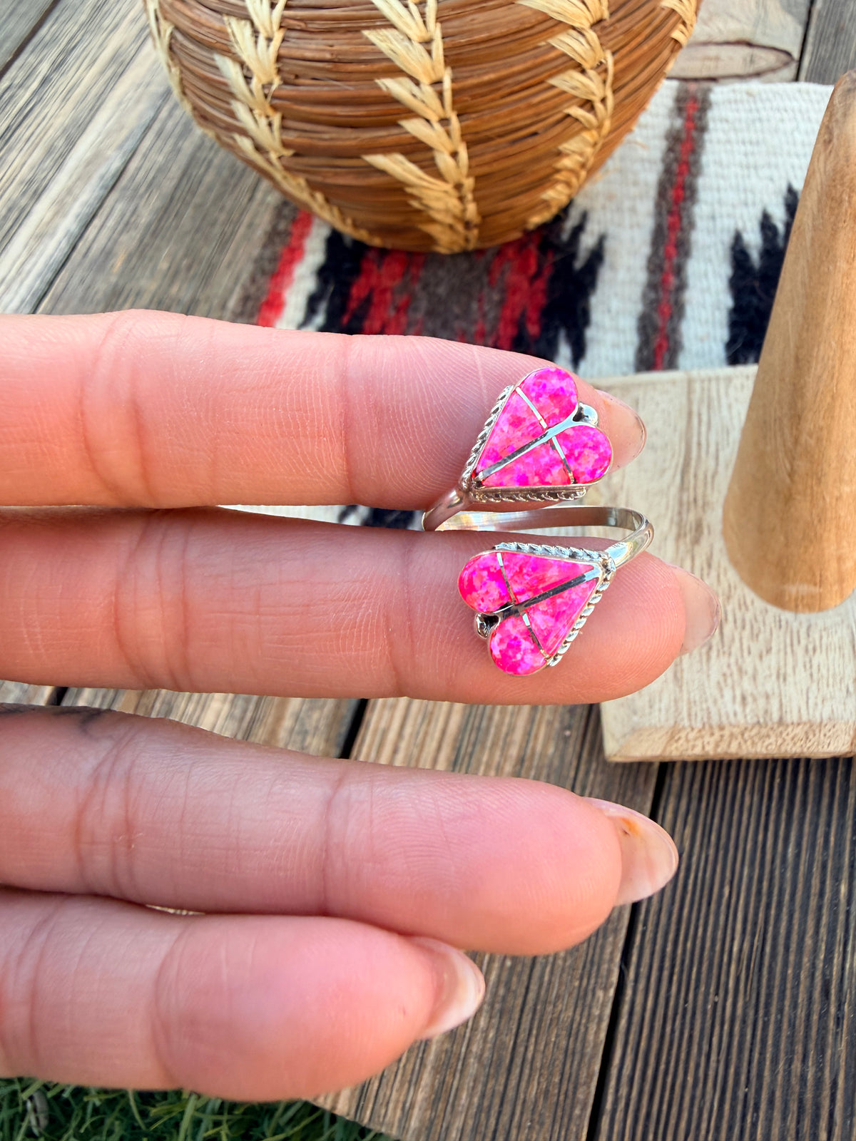 Handcrafted Pink Opal & Sterling Silver Inlay Heart Adjustable Ring