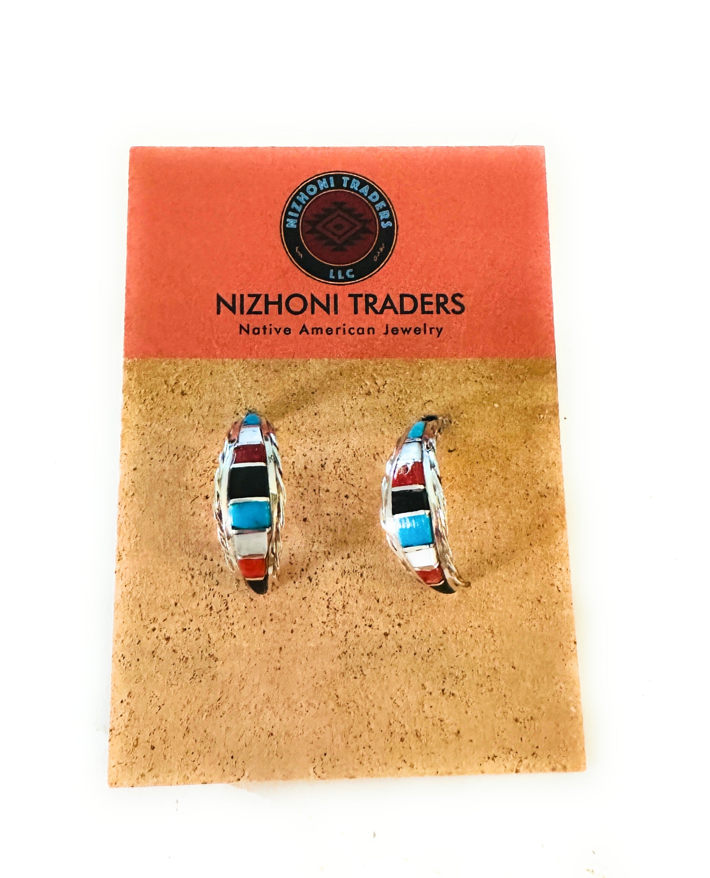 Navajo Multi Stone & Sterling Silver Inlay Cresent Hoop Earrings