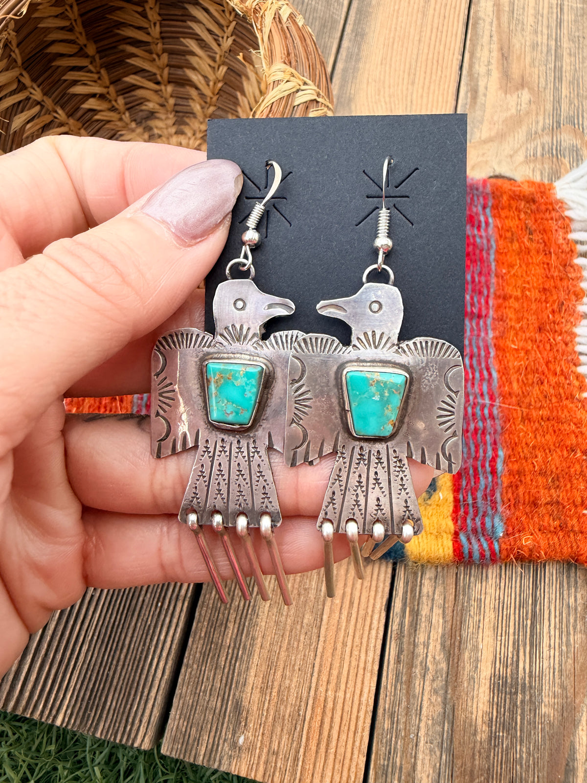 Handcrafted Sterling Silver & Turquoise Thunderbird Dangle Earrings by Vernon Begay
