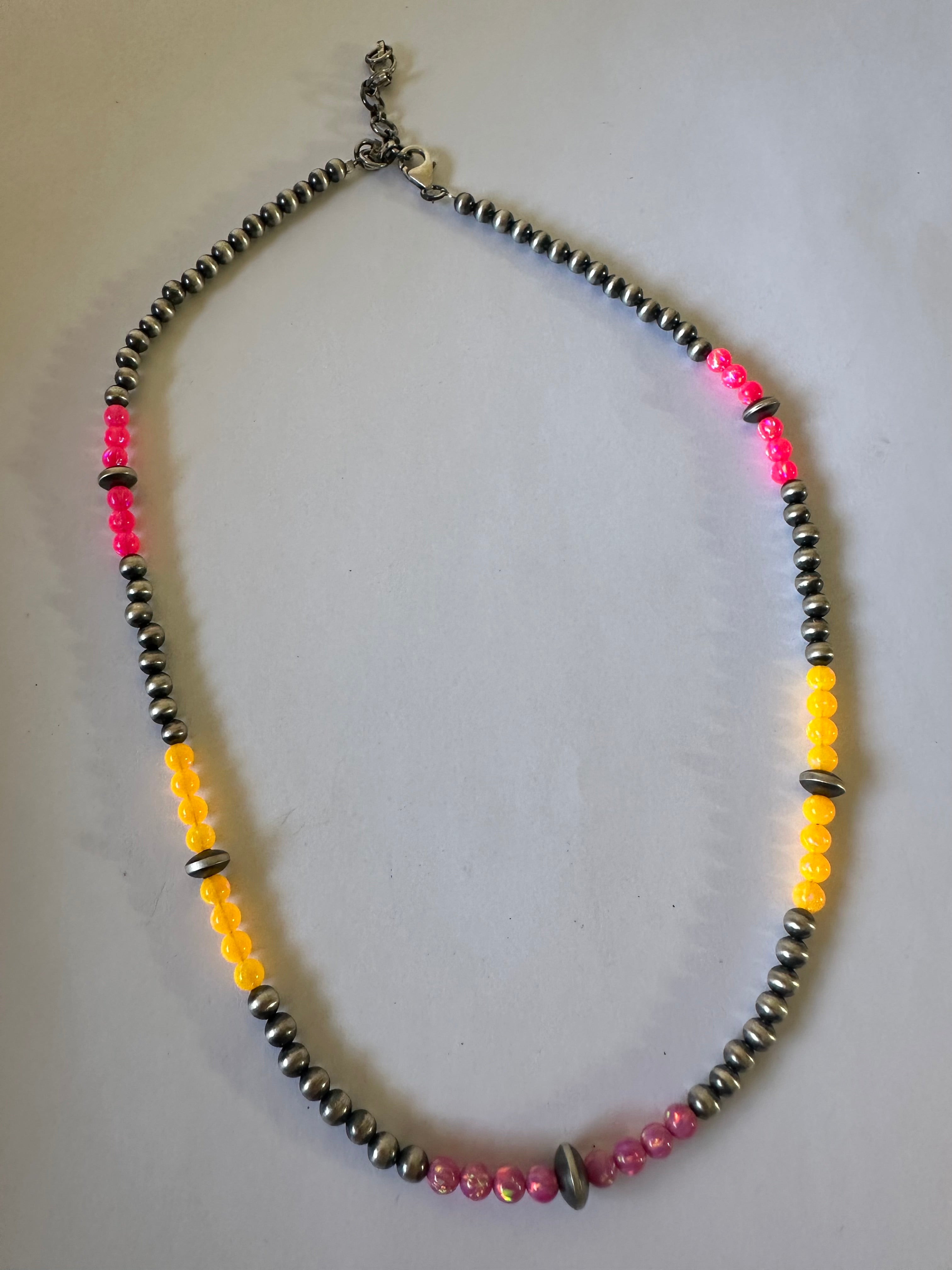 Handmade Navajo Pearl Style Sterling Silver & Orange & Pink Fire Opal Beaded Necklace