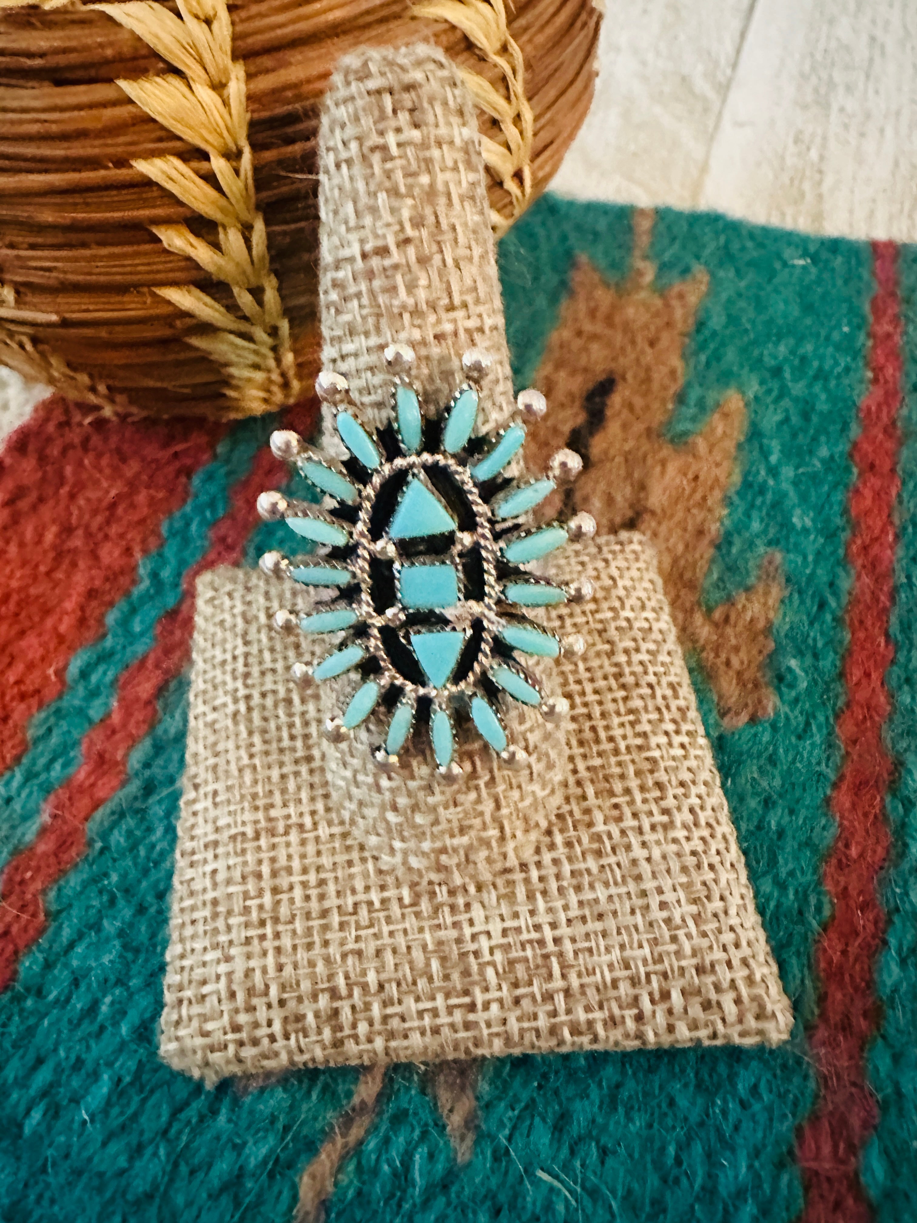 Handcrafted Sterling Silver & Turquoise Needlepoint Ring Size 9.5