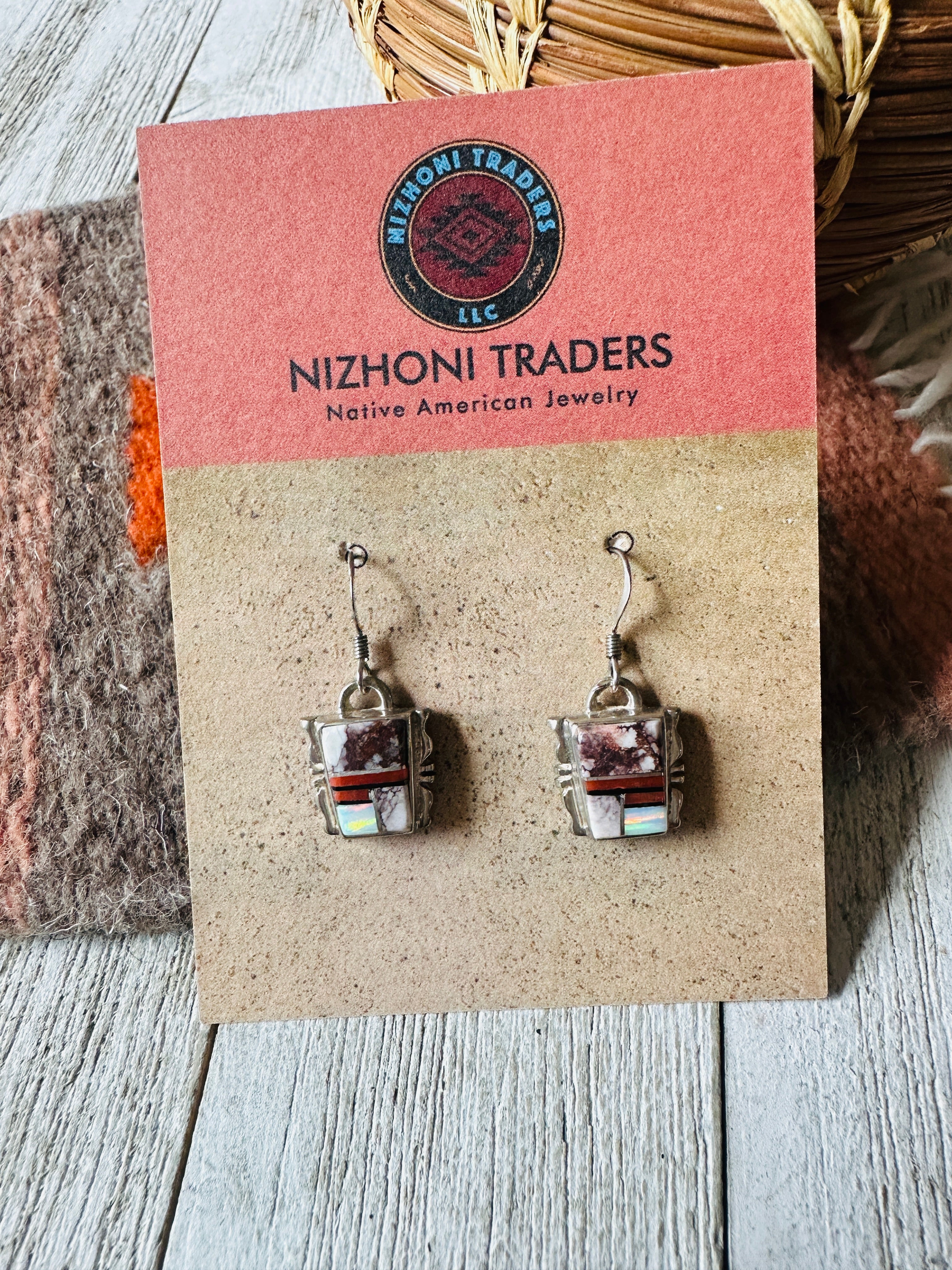 Navajo Sterling Silver & Multi Stone Inlay Dangle Earrings