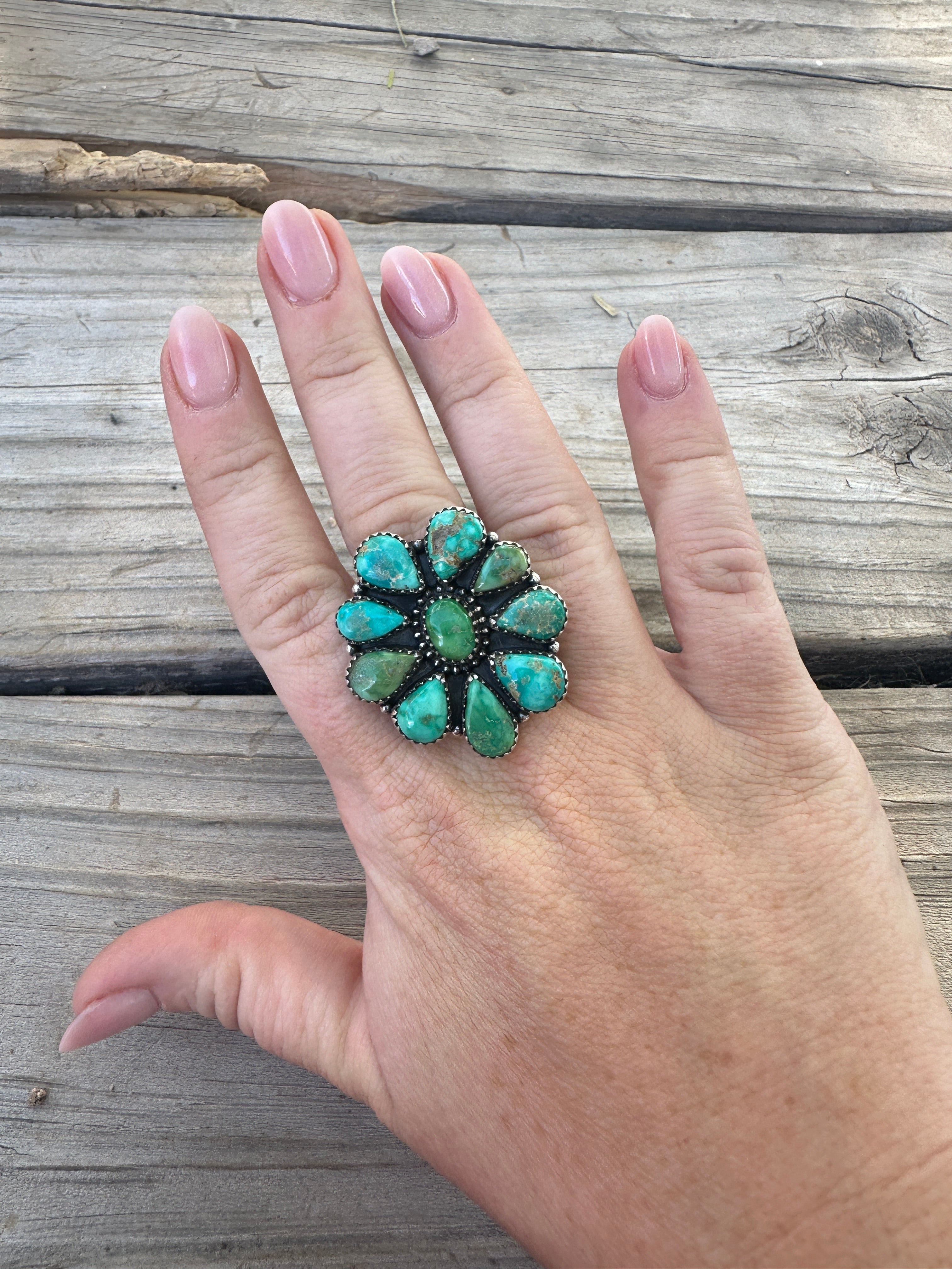 Handmade Emerald Valley Turquoise & Sterling Silver Adjustable Cluster Ring