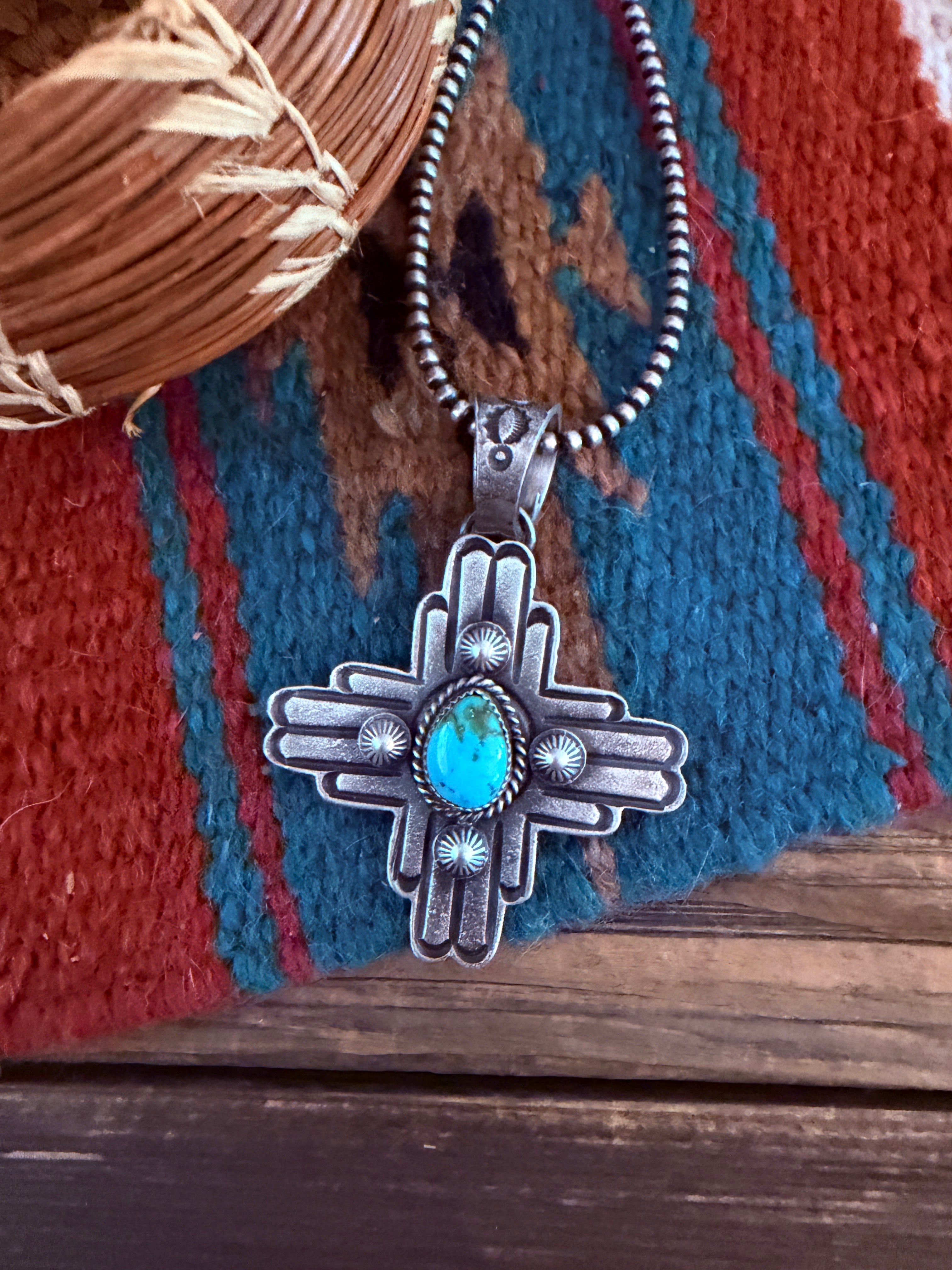 Handcrafted Sterling Silver & Sonoran Mountain Turquoise Zia Cross Pendant by Kevin Billah