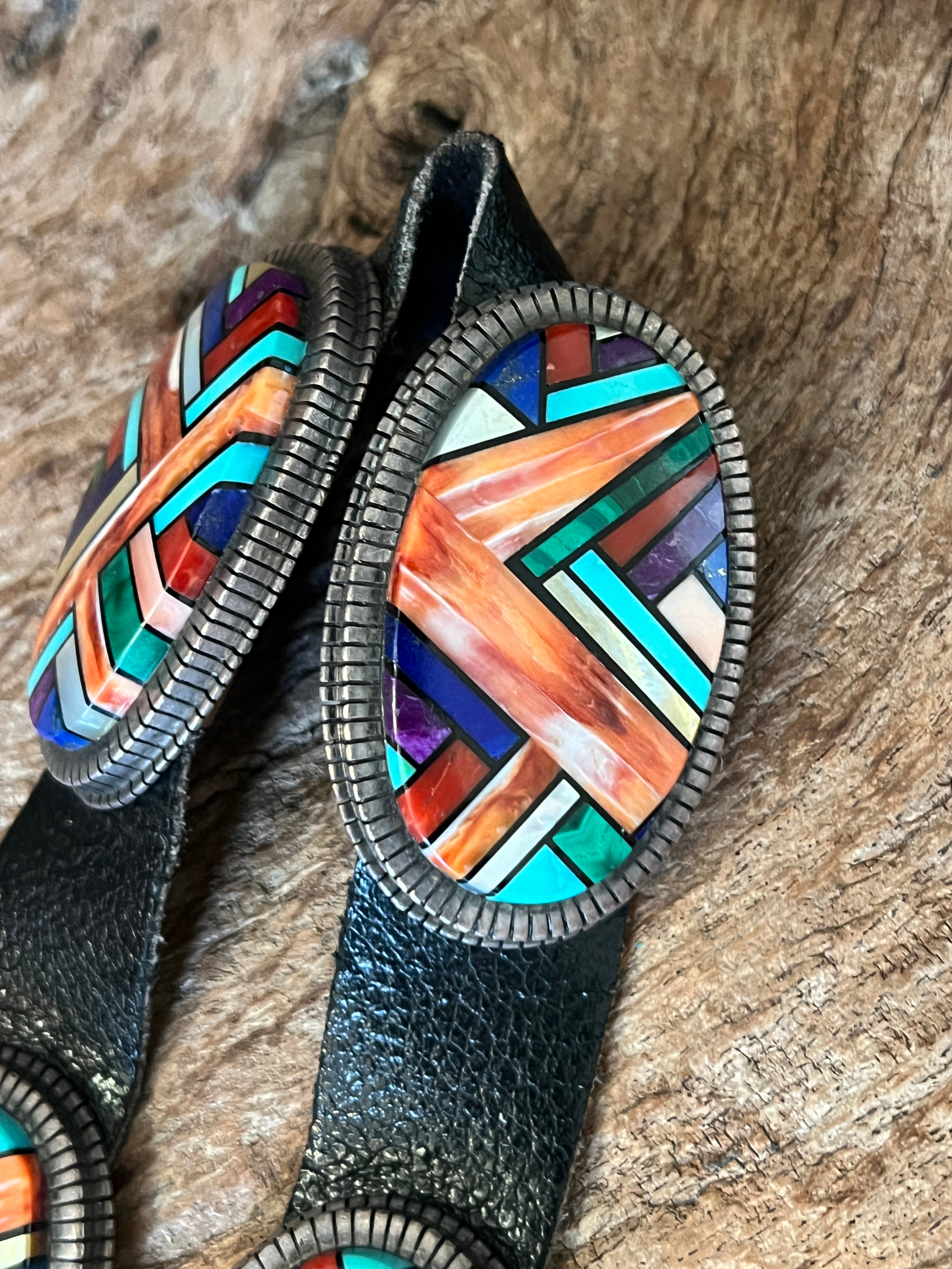 Phenomenal Old Pawn Handcrafted Sterling Silver and Multi Stone Inlay Concho Belt by Ray Jack