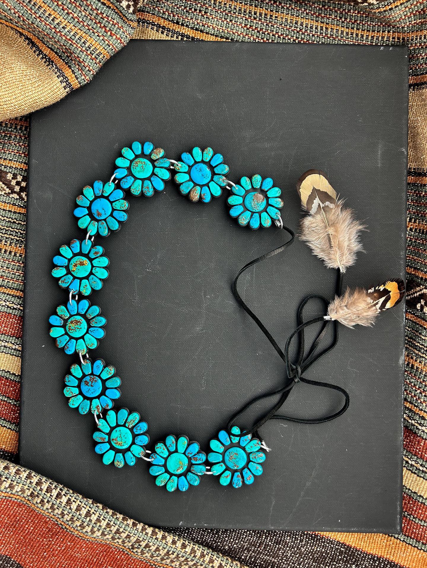 Handmade Clay Turquoise Hat Band With Feathers By Artist Kaylyn