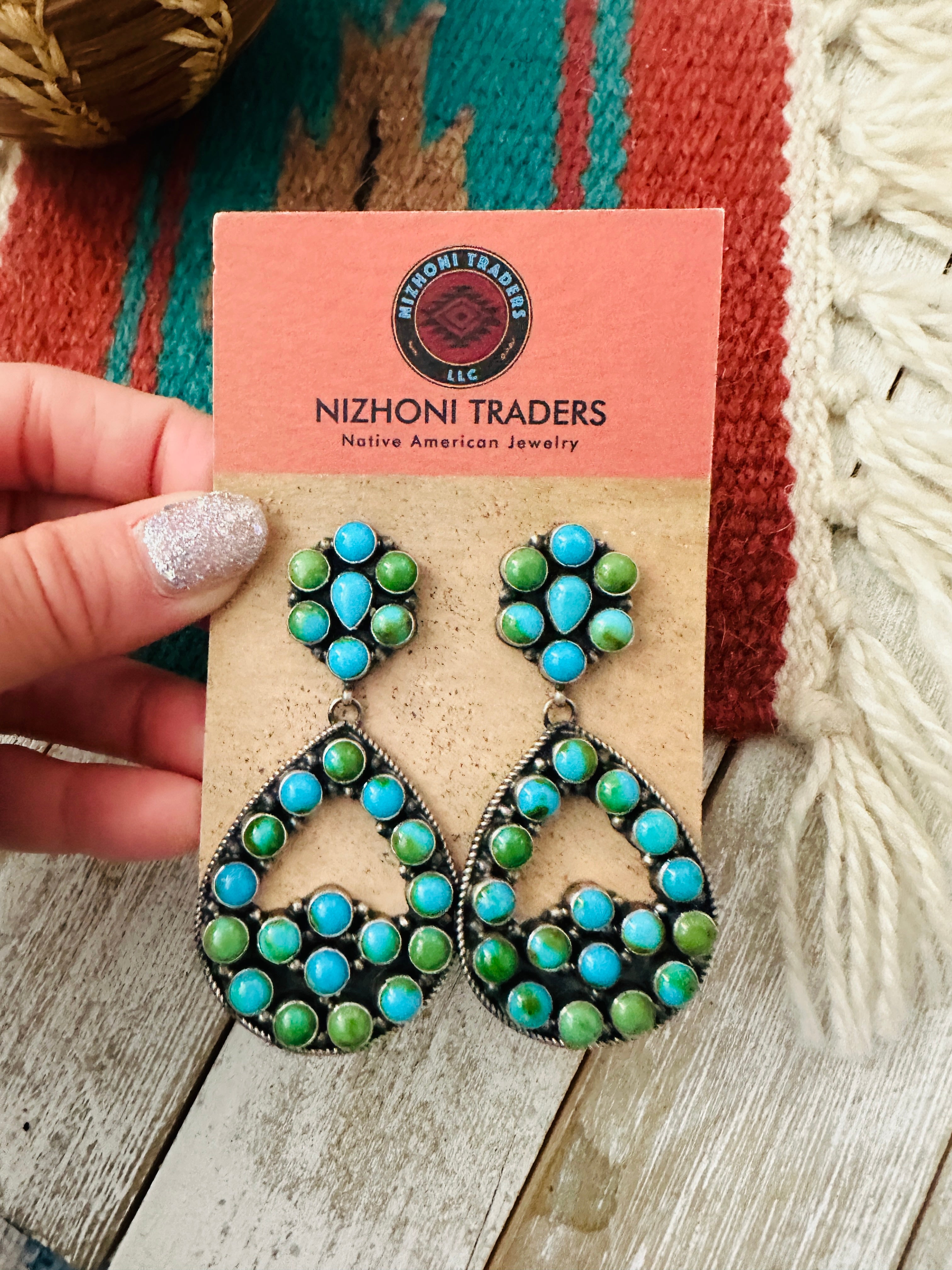 Navajo Sonoran Mountain Turquoise & Sterling Silver Cluster Dangle Earrings