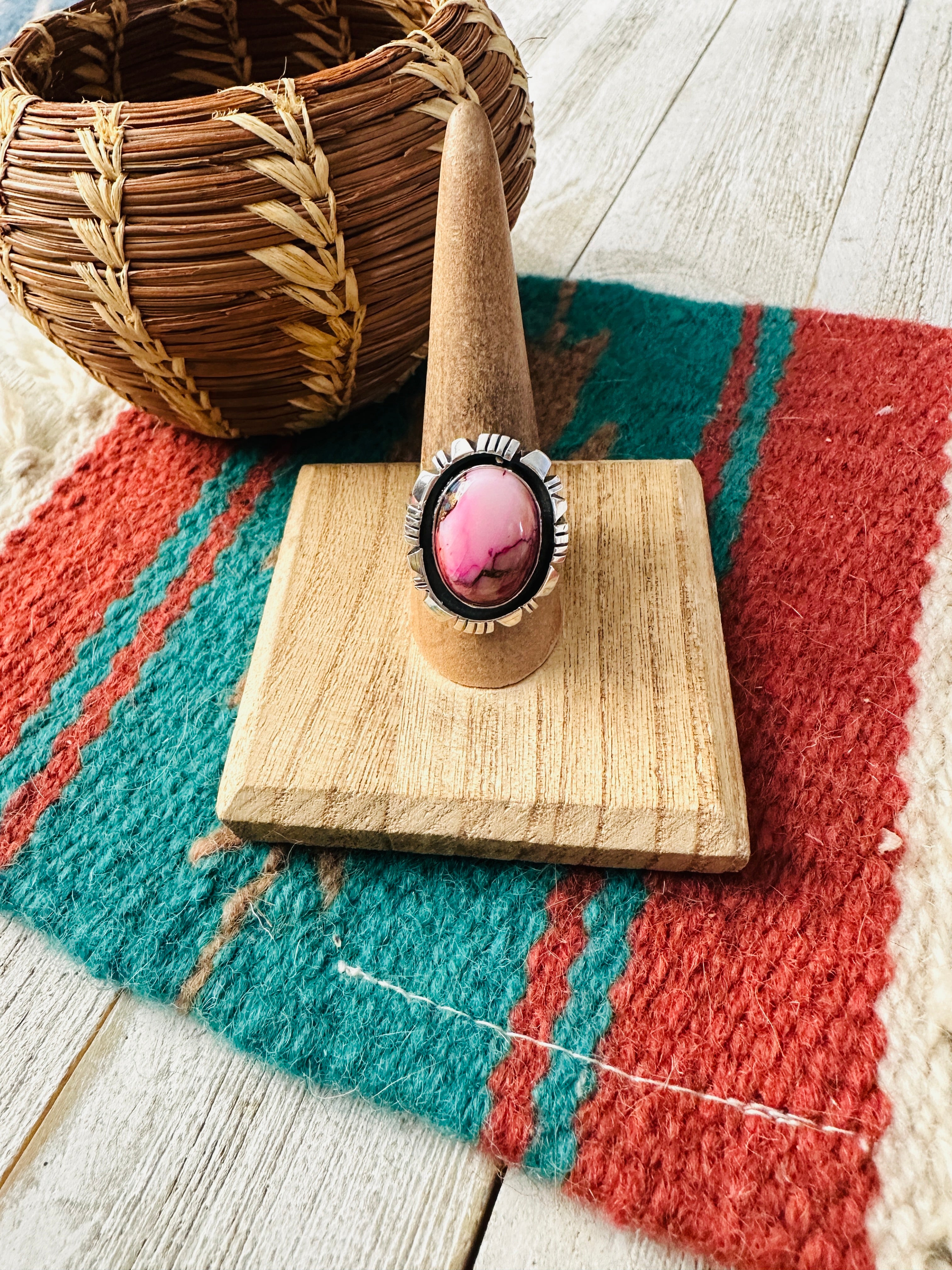 Navajo Sterling Silver & Pink Dream Mojave Adjustable Ring