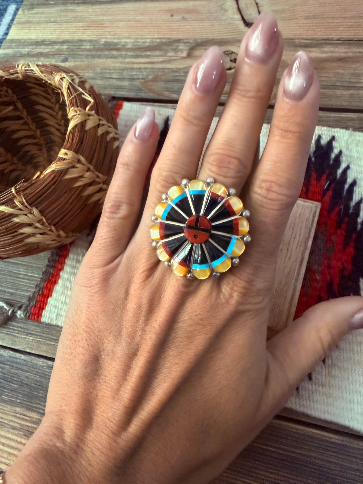 Handcrafted Multi Stone & Sterling Silver Inlay Sun Face Ring Size 8.25