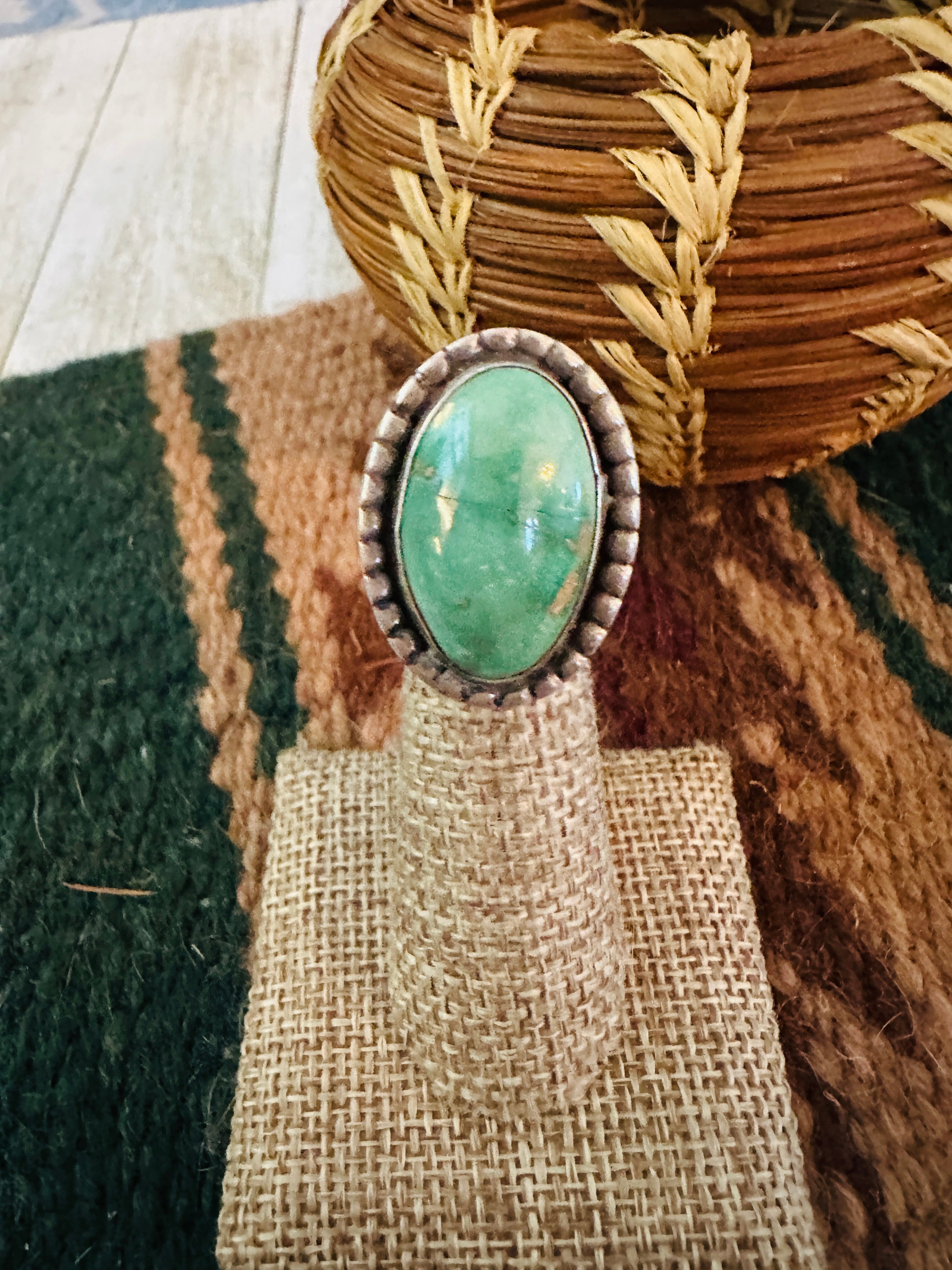 Old Pawn Handcrafted Turquoise & Sterling Silver Ring Size 3.25