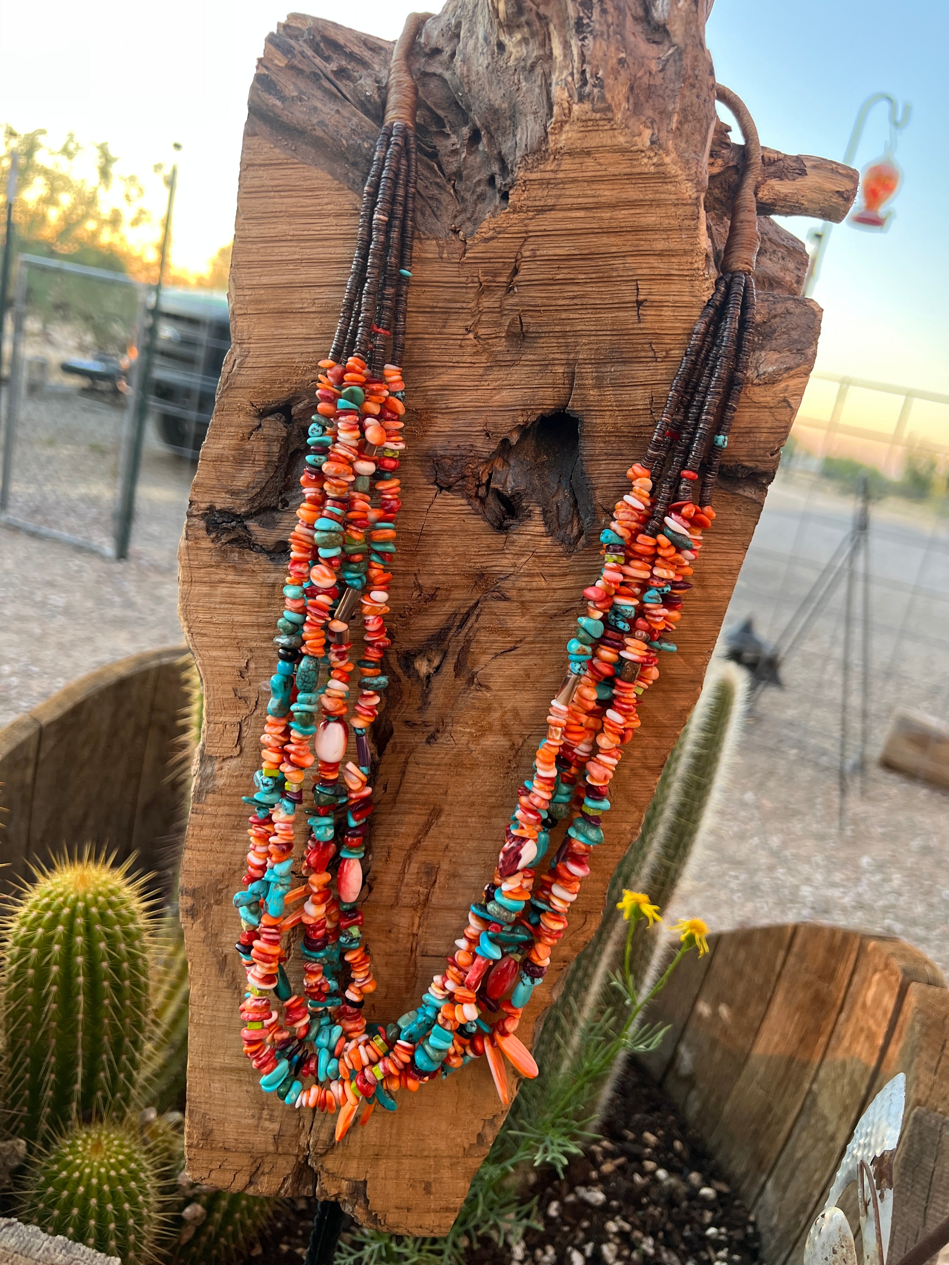 Gorgeous Santo Domingo Made Six Strand Spiny Oyster and Turquoise Beaded Squaw Wrap Necklace with Spiny Oyster Tabs
