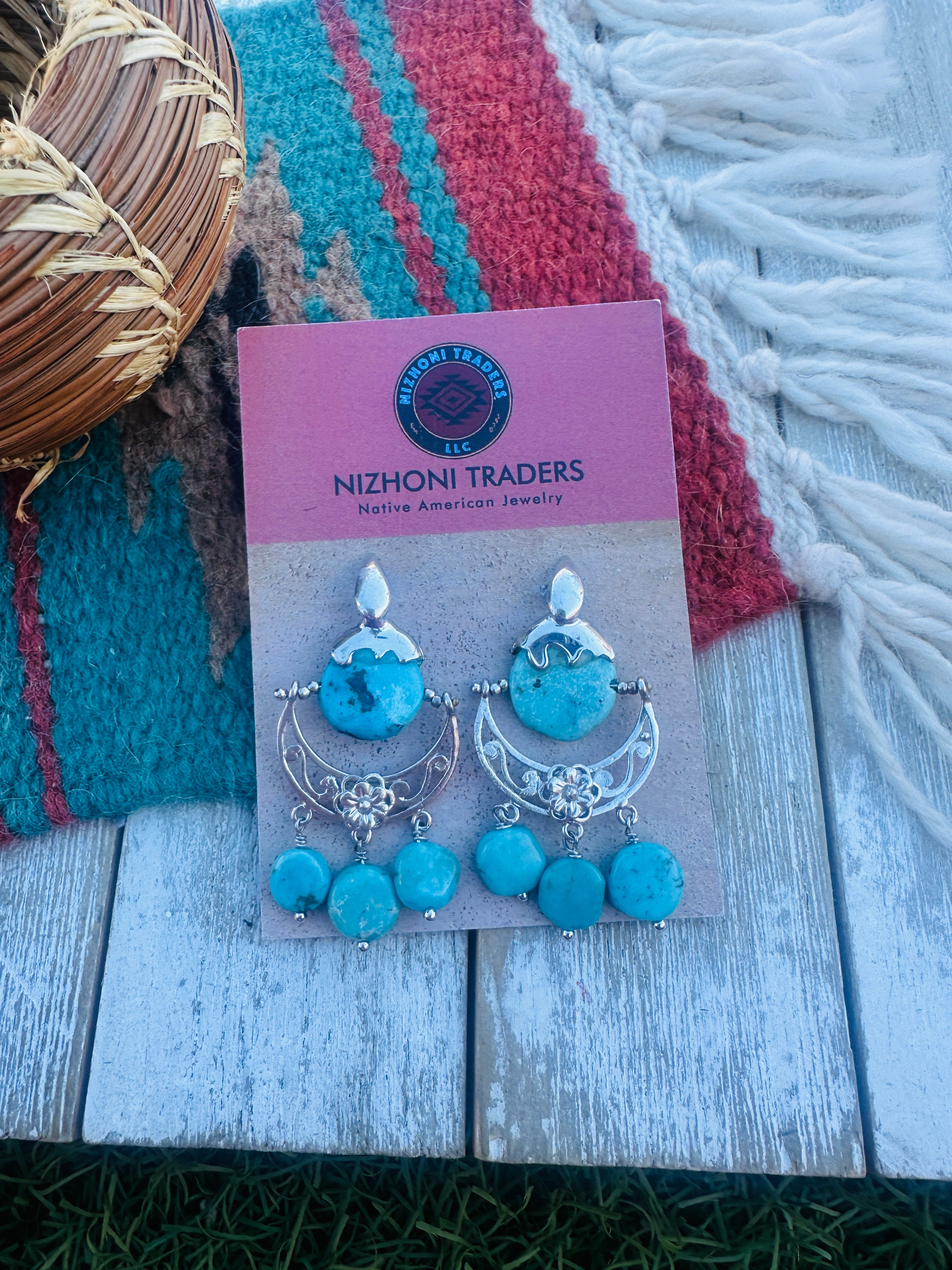 Handcrafted Turquoise & Sterling Silver Flower Dangle Earrings