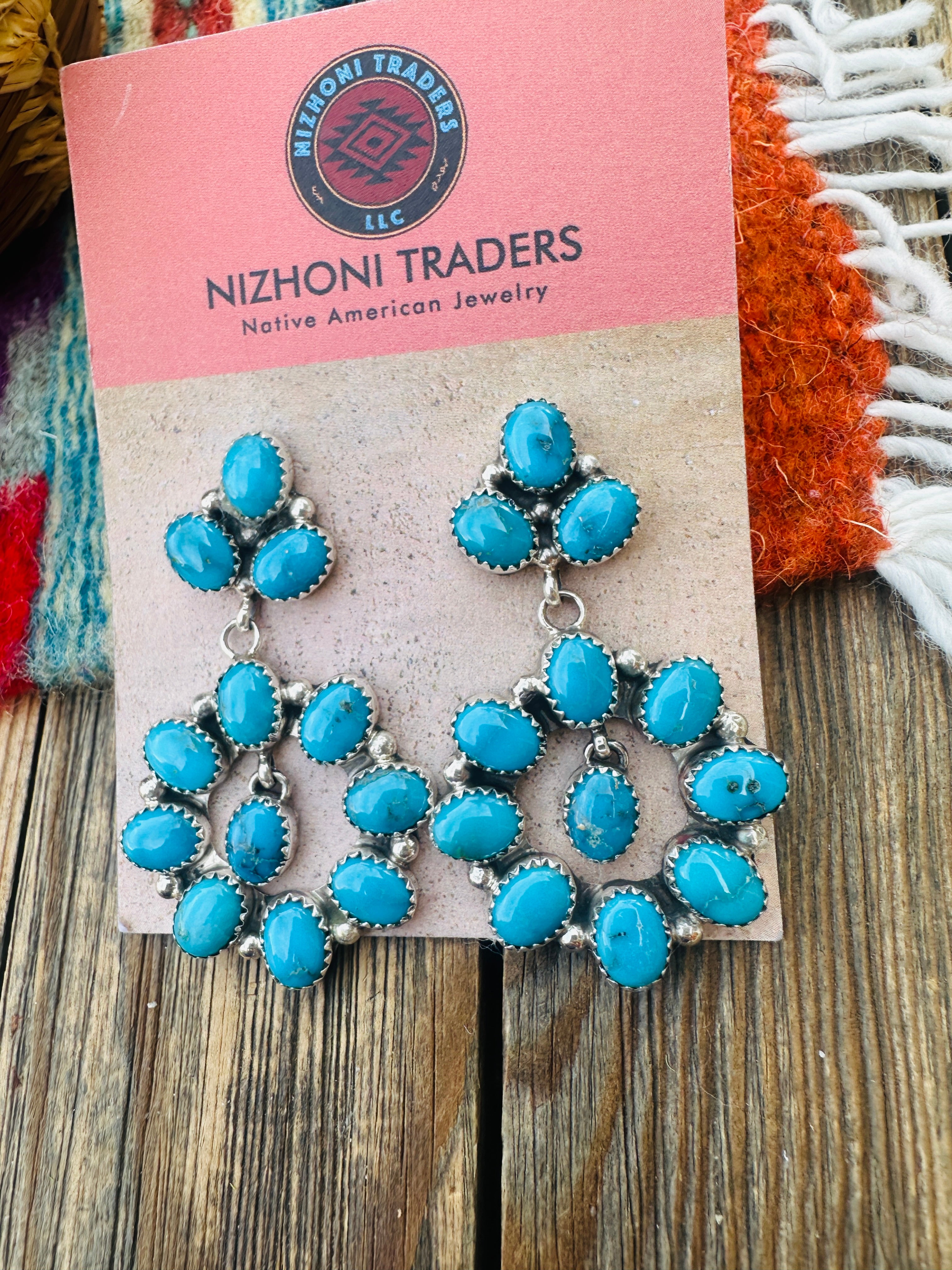 Handcrafted Blue Ridge Turquoise & Sterling Silver Cluster Dangle Earrings