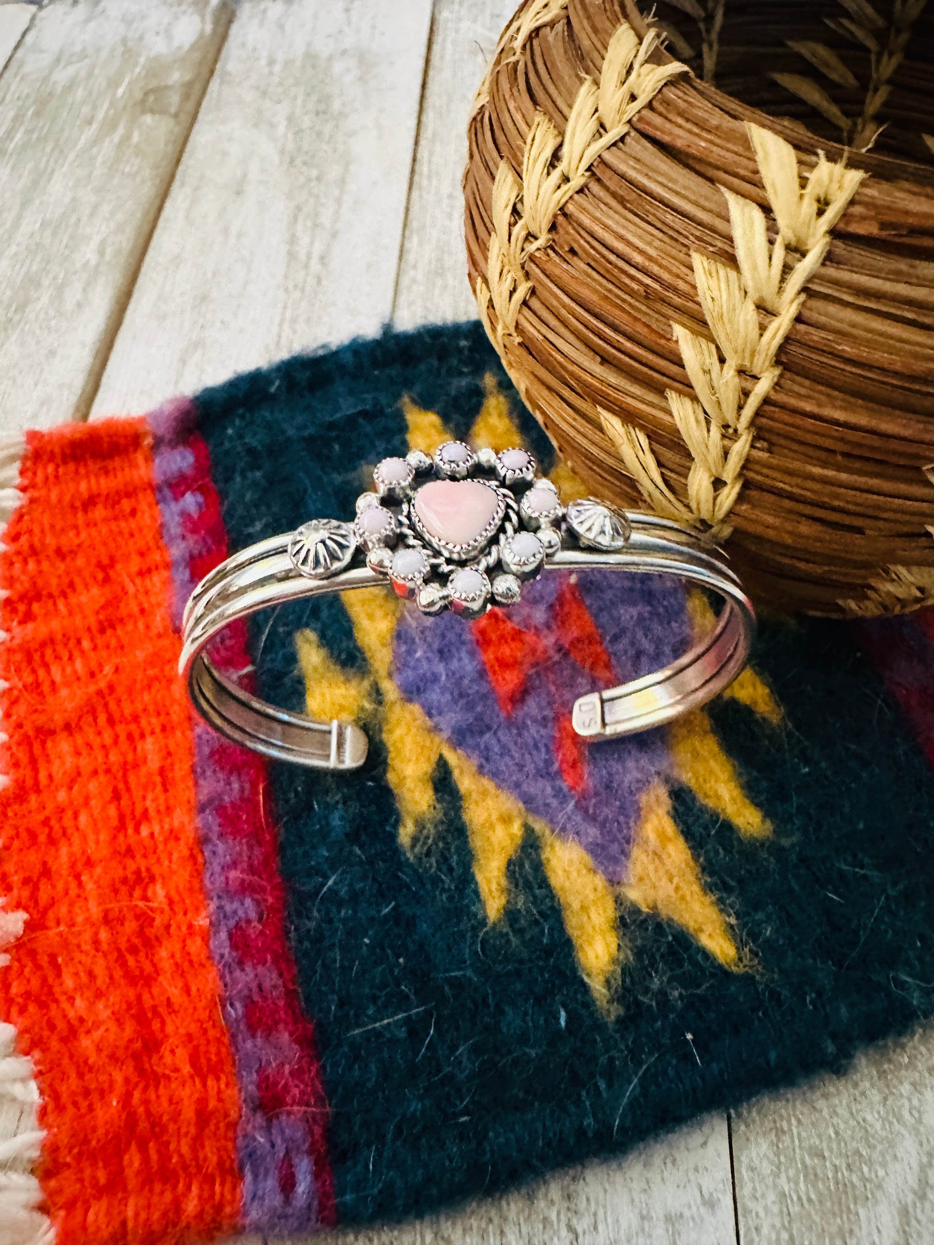 Navajo Queen Pink Conch Shell & Sterling Silver Heart Cuff Bracelet