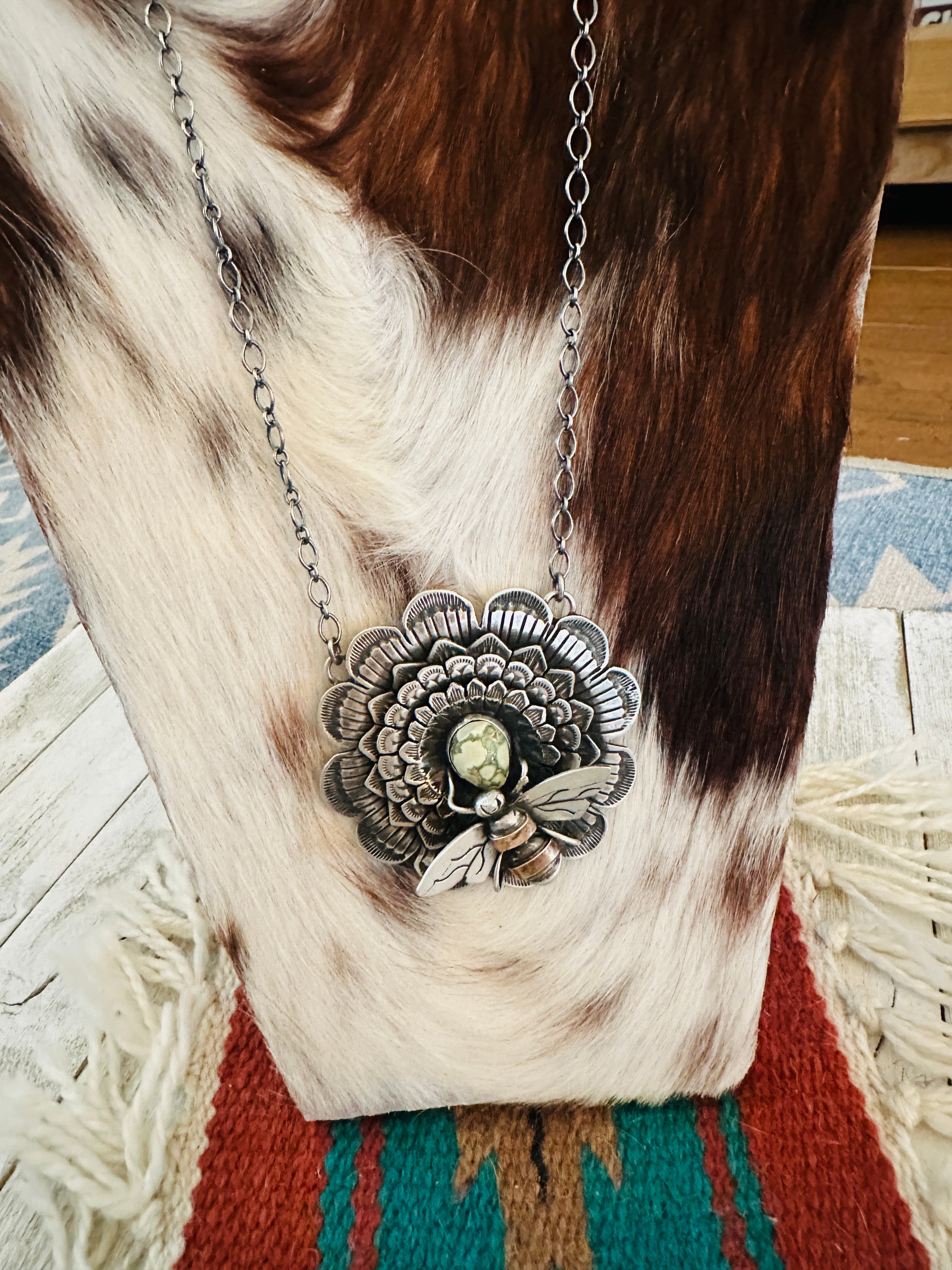 Handcrafted Sterling Silver and Turquoise Sunflower Necklace with Bee by Russell Sam
