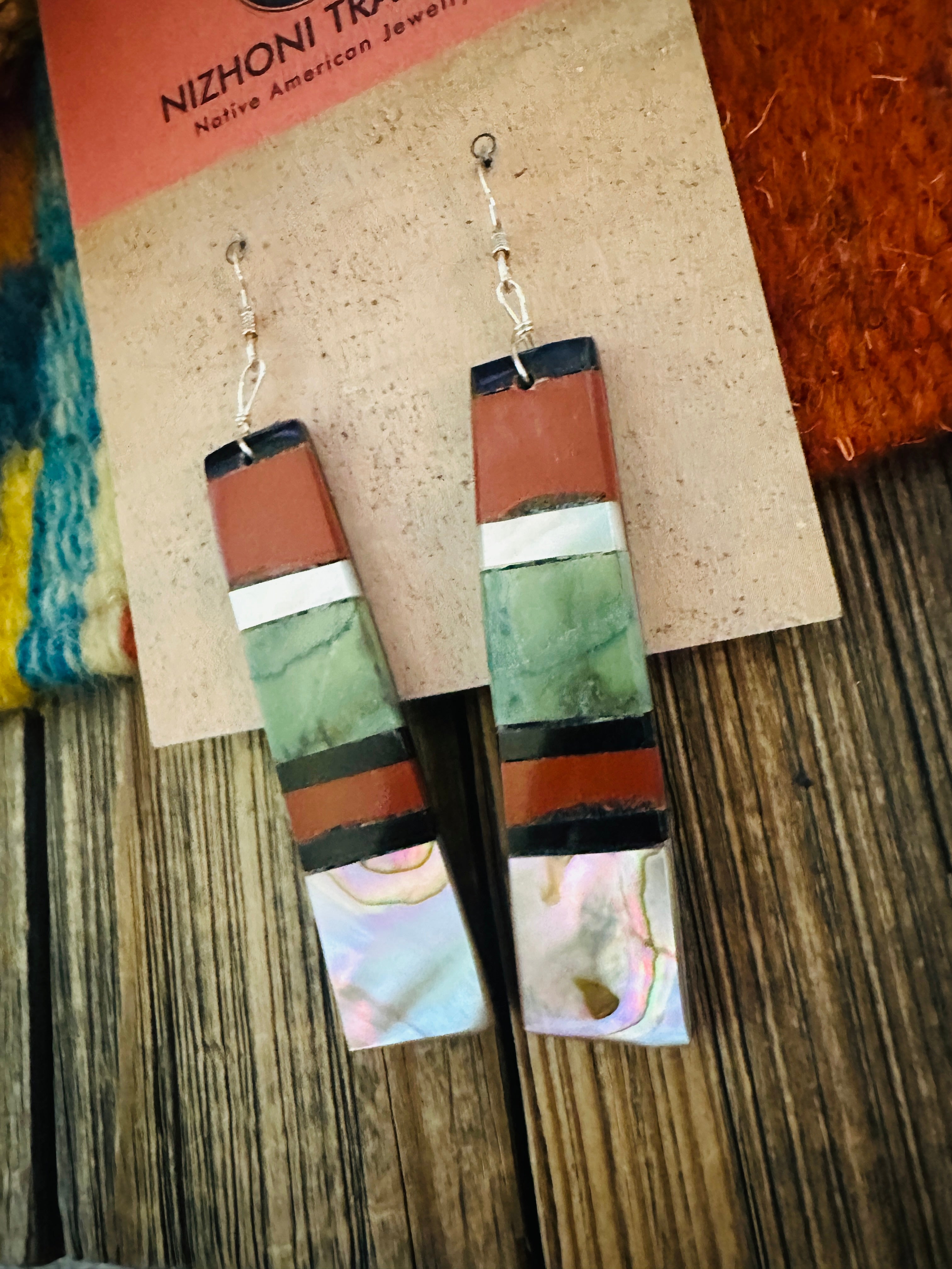 Handcrafted Multi Stone Inlay Slab Dangle Earrings
