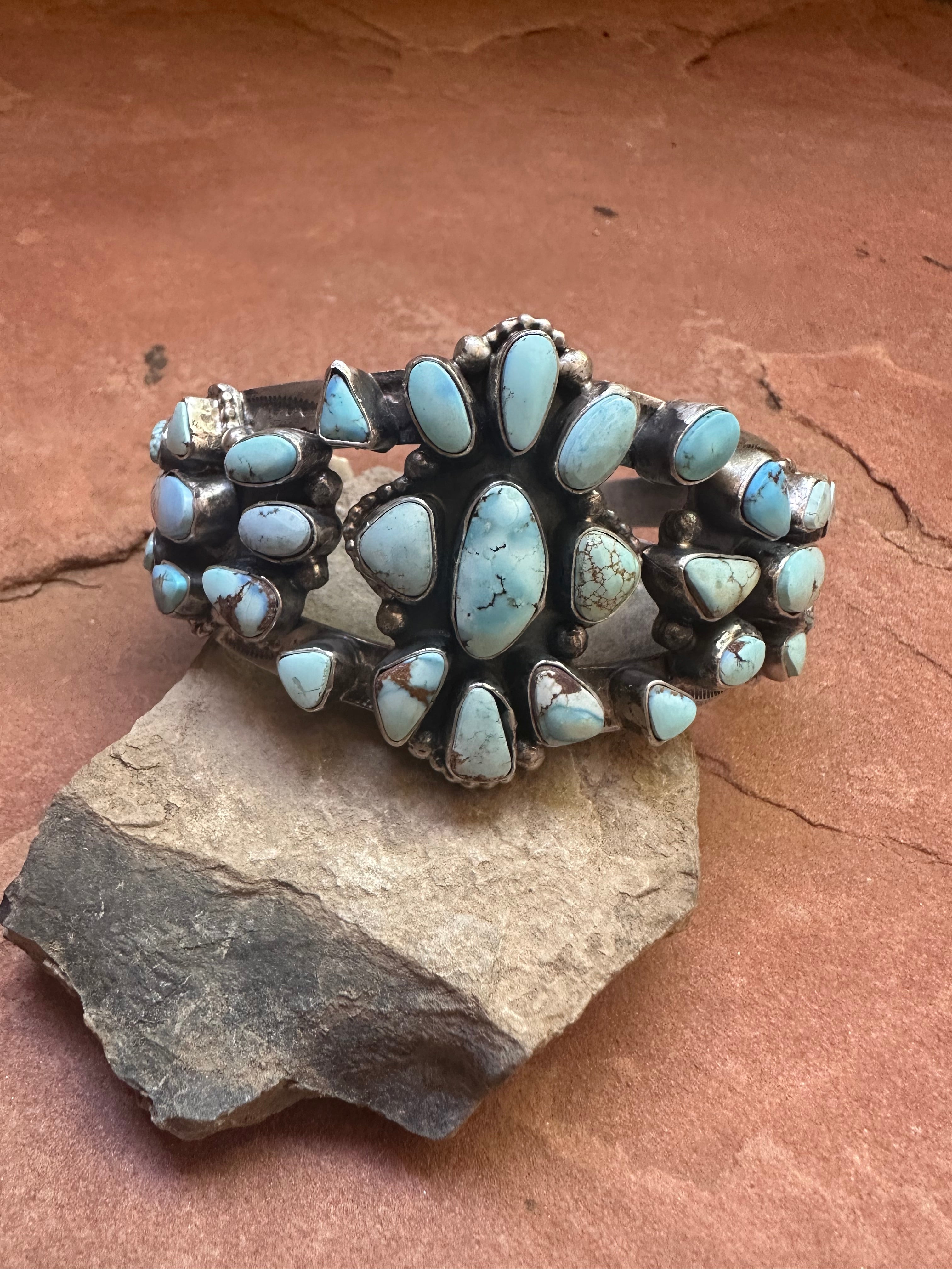 Navajo Golden Hills Turquoise & Sterling Silver Cluster Cuff Bracelet Signed B Johnson