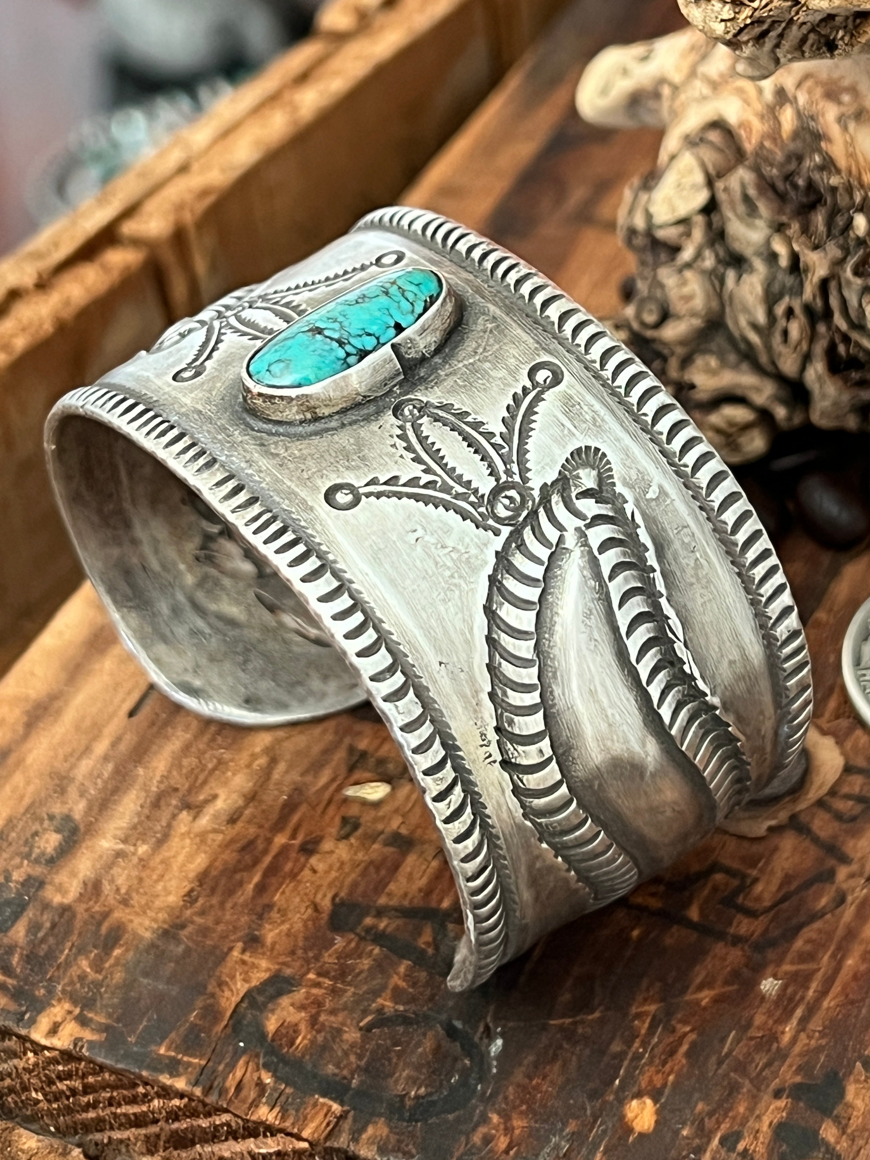 Hand Forged Old Pawn Sterling Silver & Turquoise Ingot Cuff Bracelet b