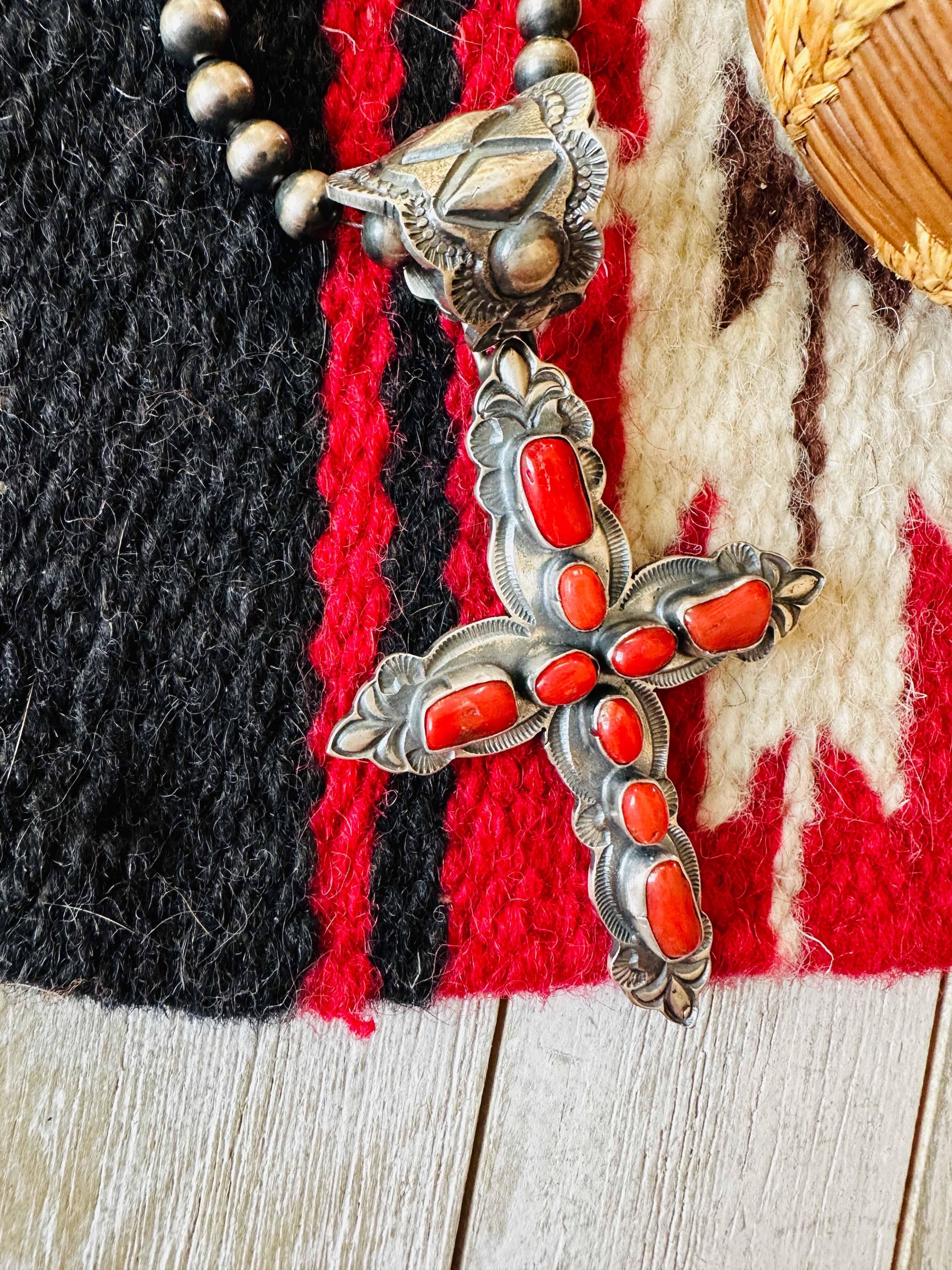 Navajo Sterling Silver & Coral Cross Pendant by Shawn Cayatineto