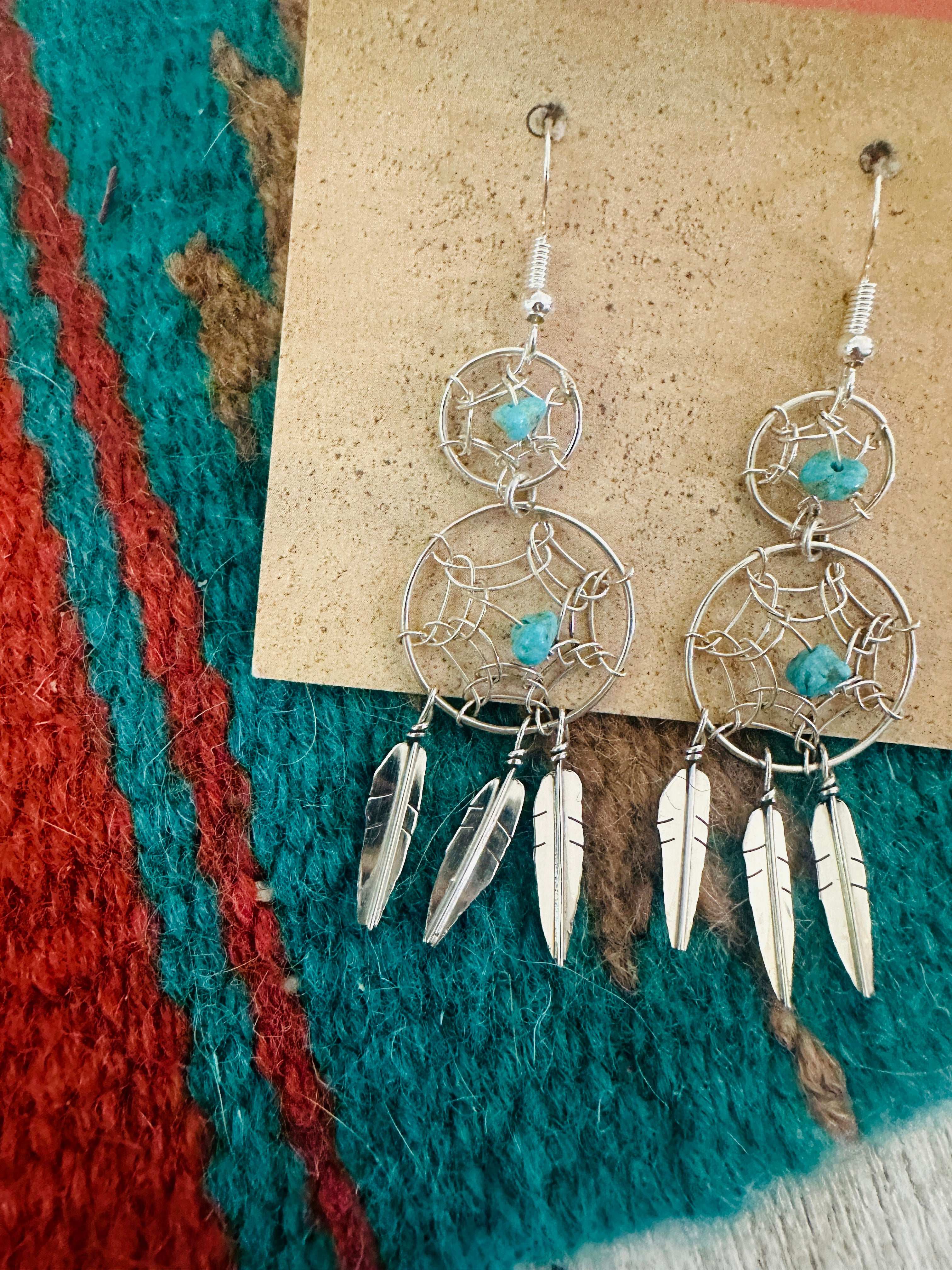 Navajo Sterling Silver & Turquoise Dream Catcher Dangle Earrings