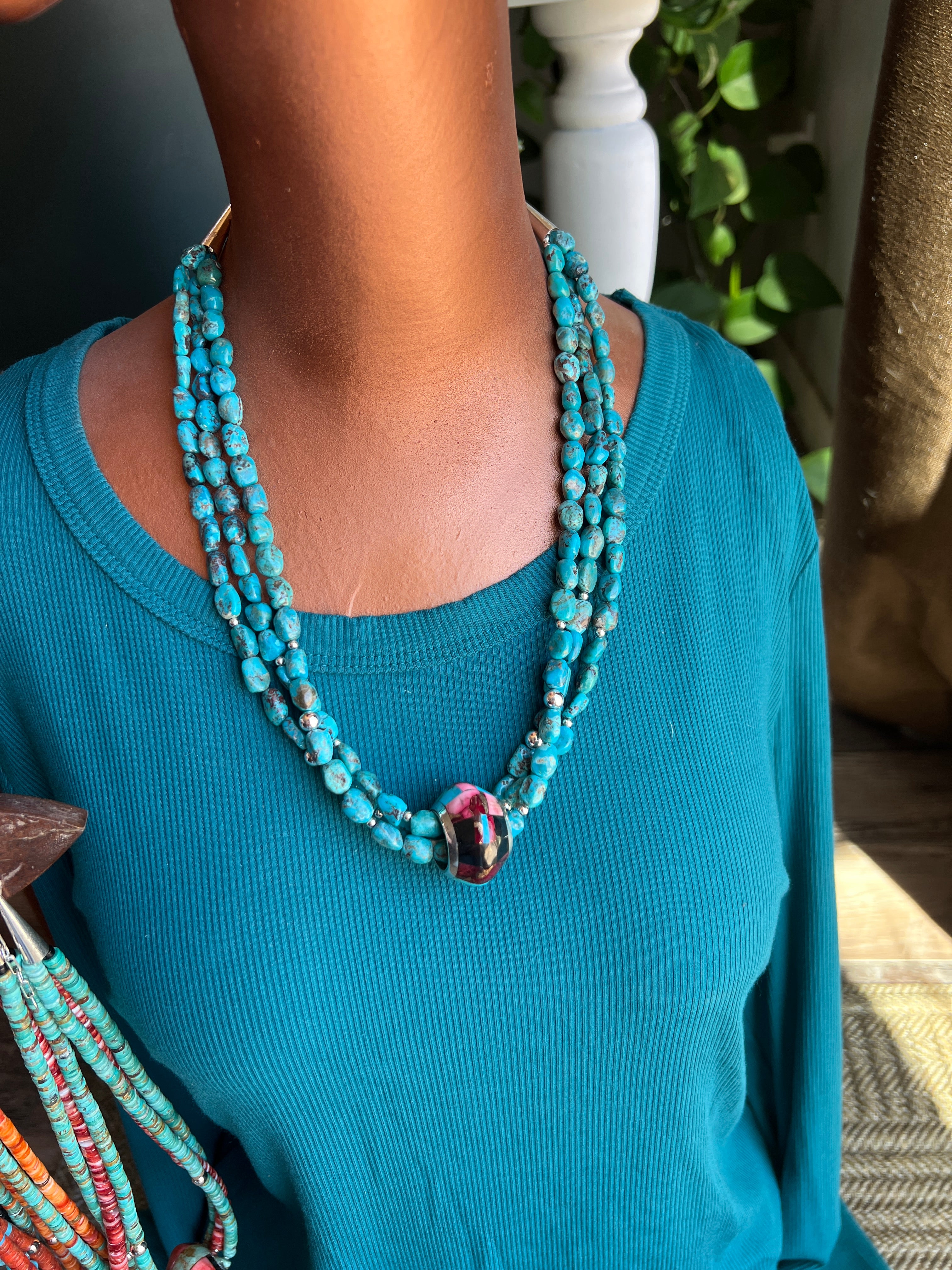 Daniel Coriz Triple Strand Turquoise and Sterling Beaded Necklace w/ Removable Sterling Silver & Stone Inlay Bead