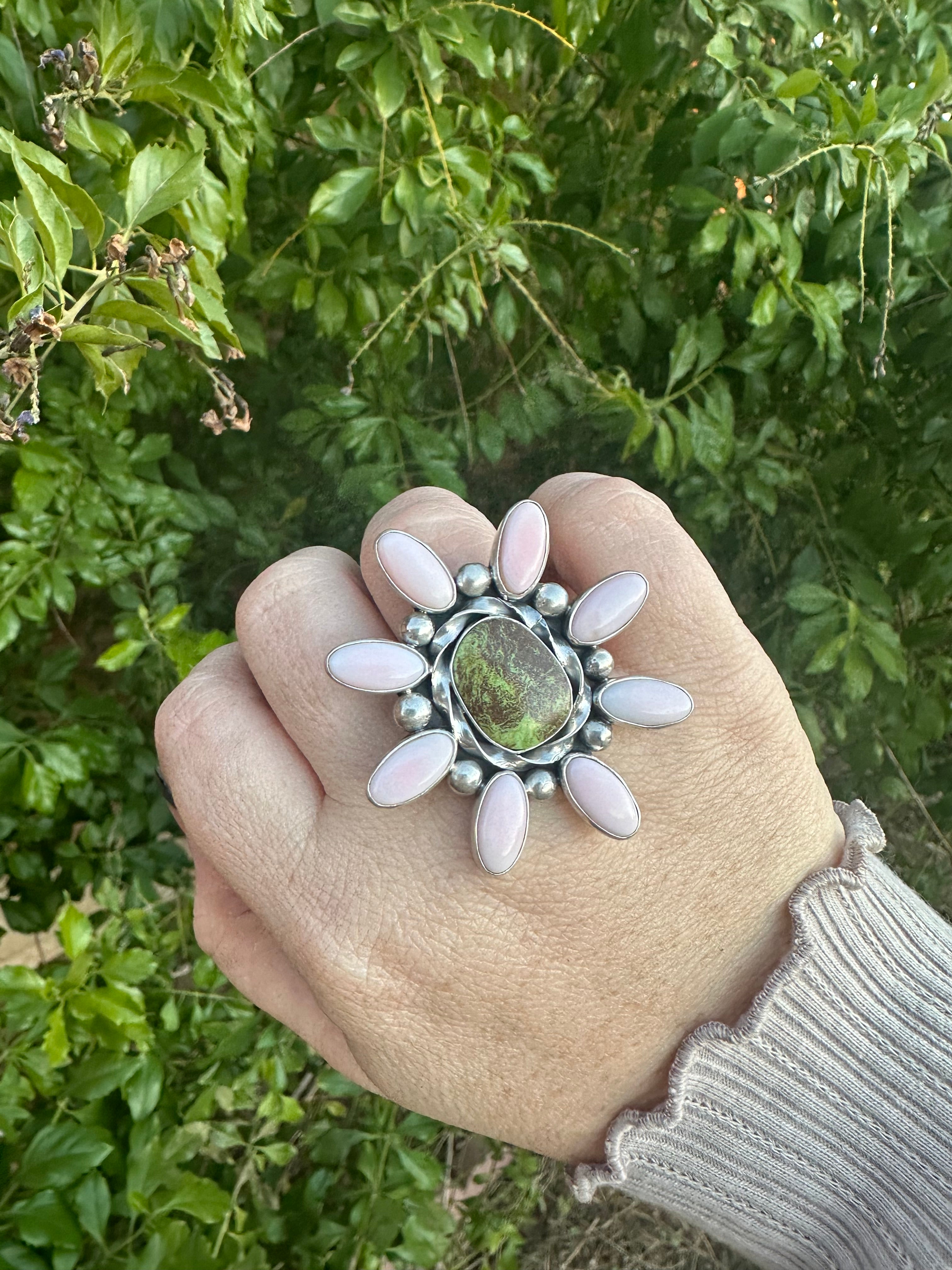 “Pink Blossom” Gorgeous Navajo Turquoise, Pink Conch And Sterling Silver Adjustable Flower Ring Signed