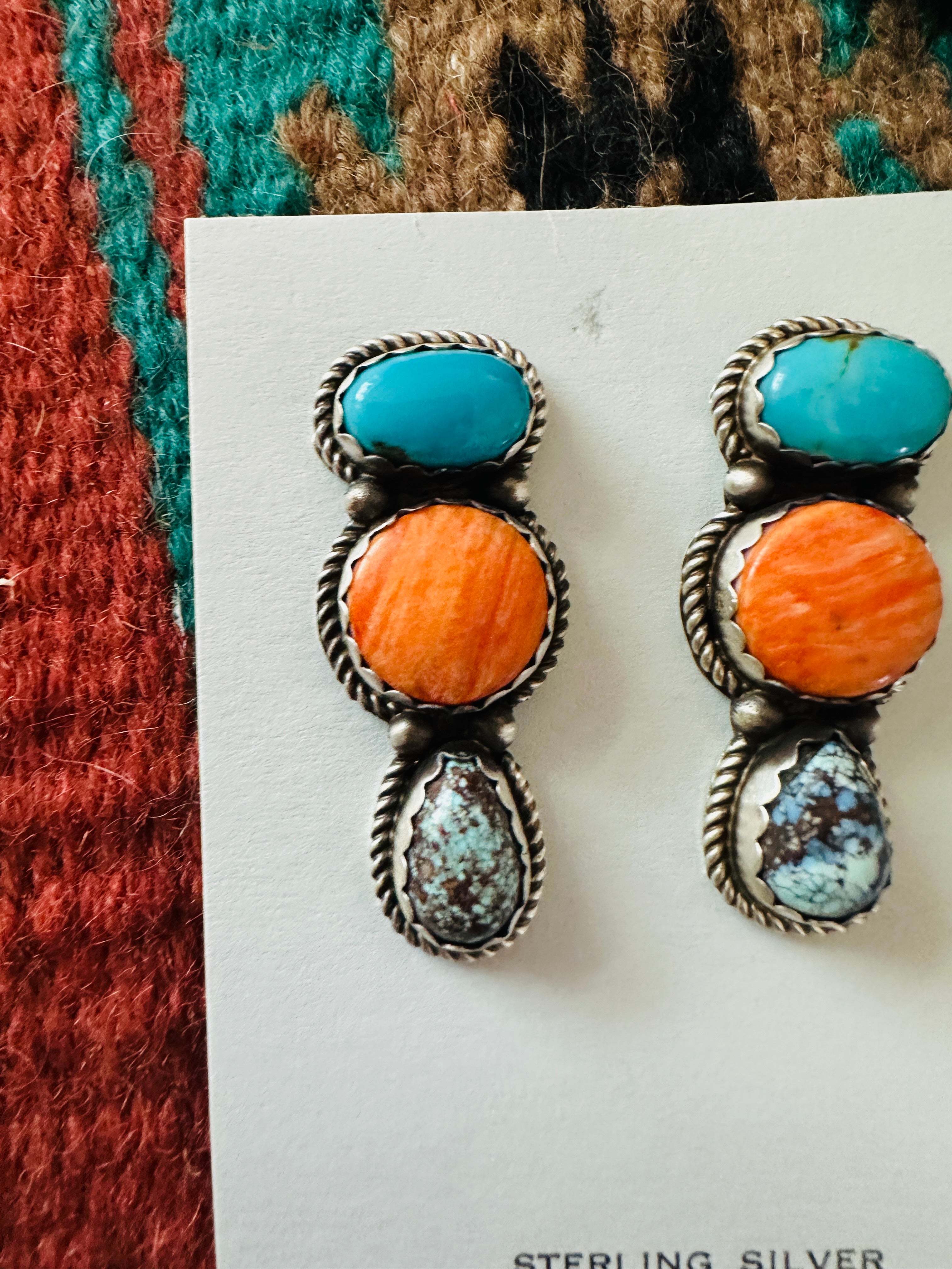 Handcrafted Orange Spiny, Turquoise and Sterling Silver Dangle Earrings
