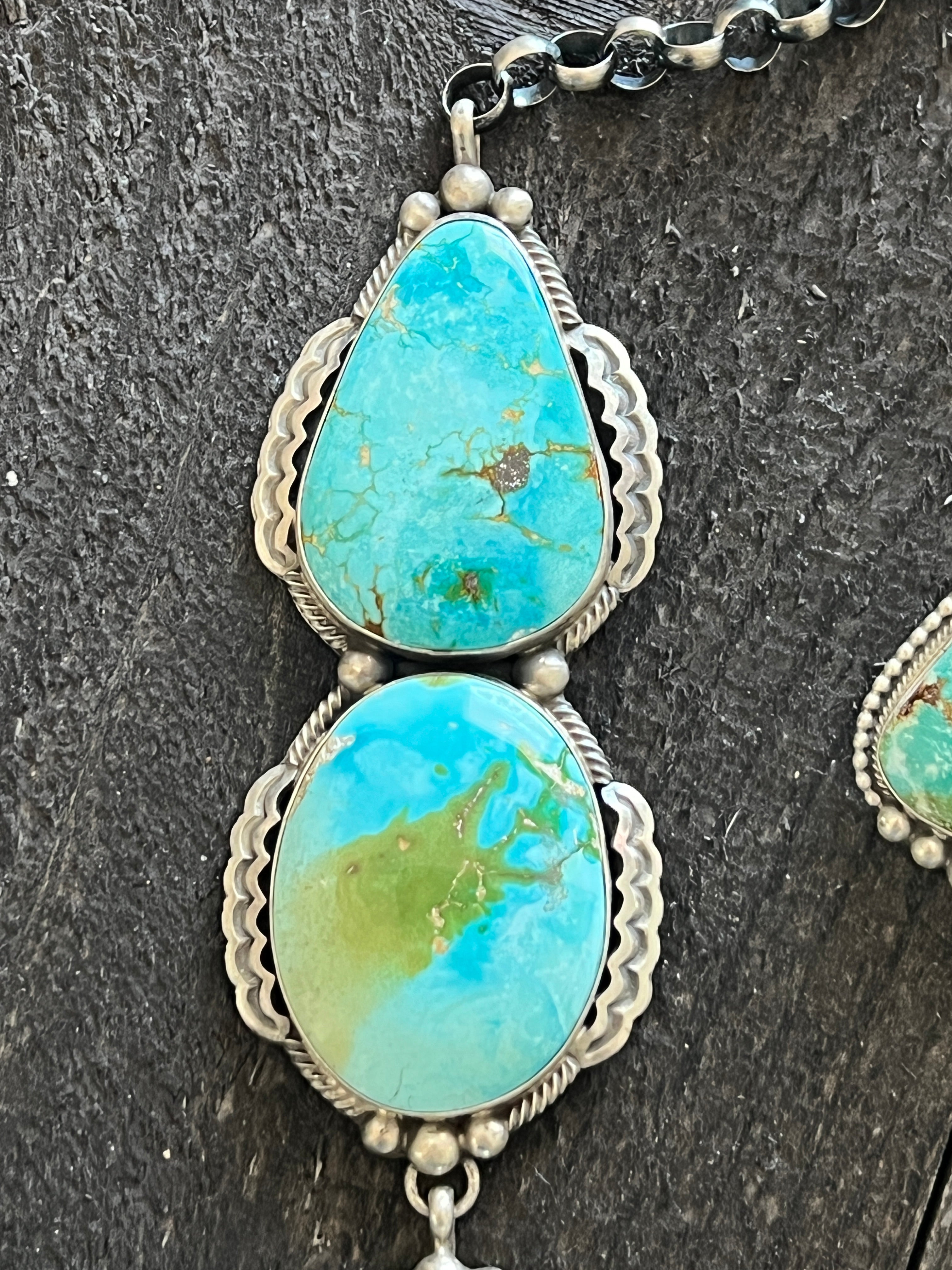 Massive Navajo Sterling Silver and Sonoran Mountain Turquoise Statement Necklace with Earrings by Talila Benally