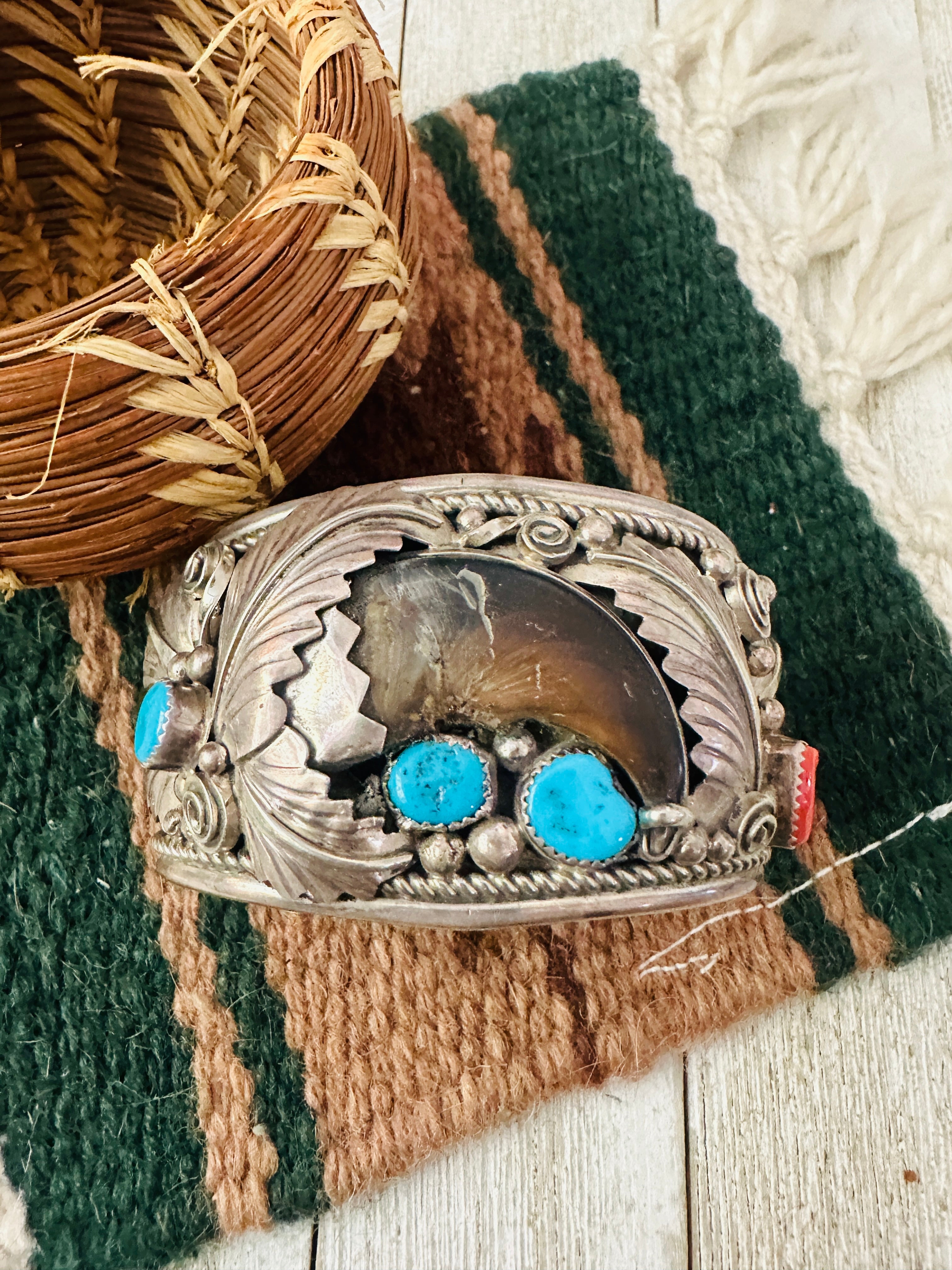 Handcrafted Old Pawn Turquoise, Coral & Sterling Silver Cuff Bracelet