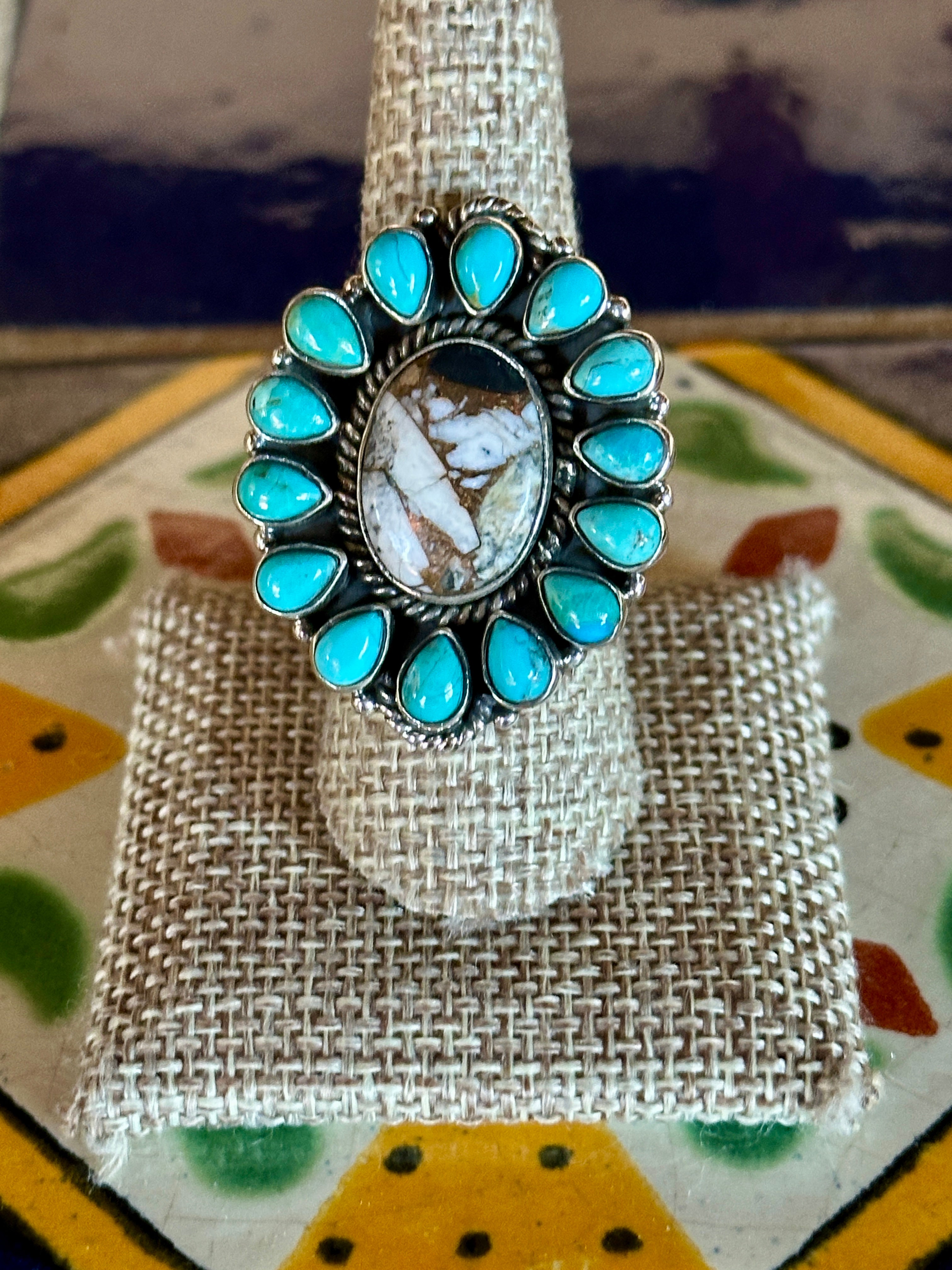 Handmade White Buffalo Mojave, Turquoise & Sterling Silver Adjustable Oval Ring Signed Nizhoni