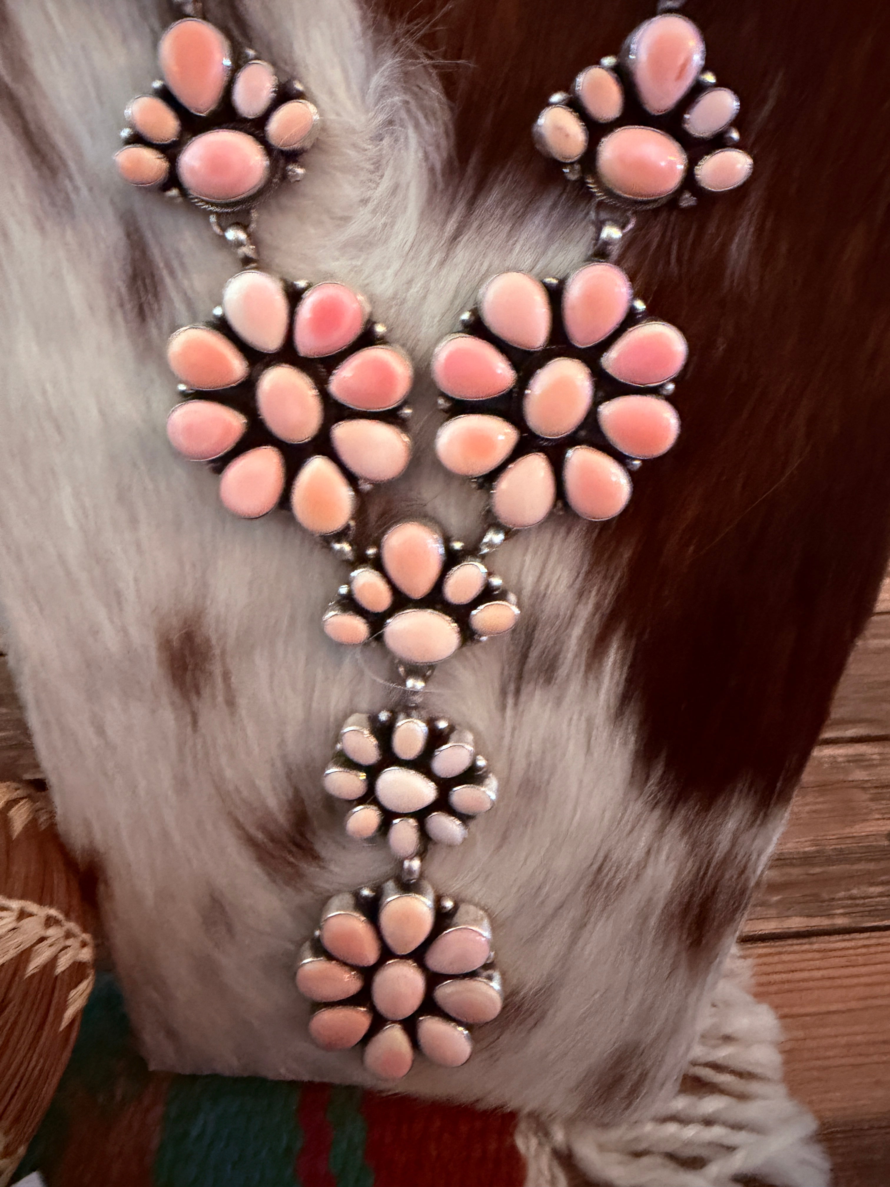 Handcrafted Queen Pink Conch & Sterling Silver Cluster Necklace and Earring Set