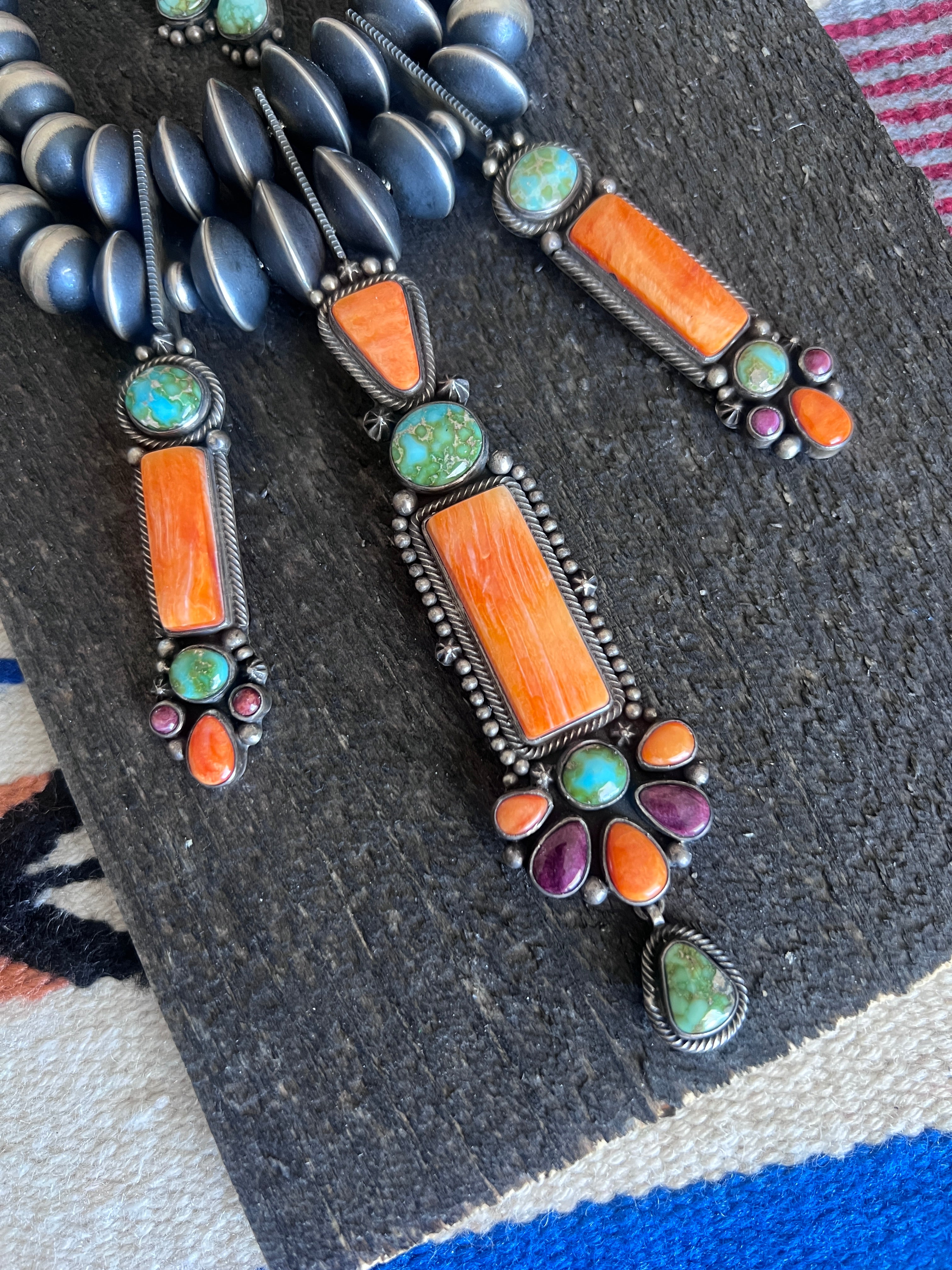 Electric Rainbow Sterling Silver, Sonoran Gold Turquoise and Spiny Oyster Beaded Necklace and Earrings Set by Bernyse Chavez