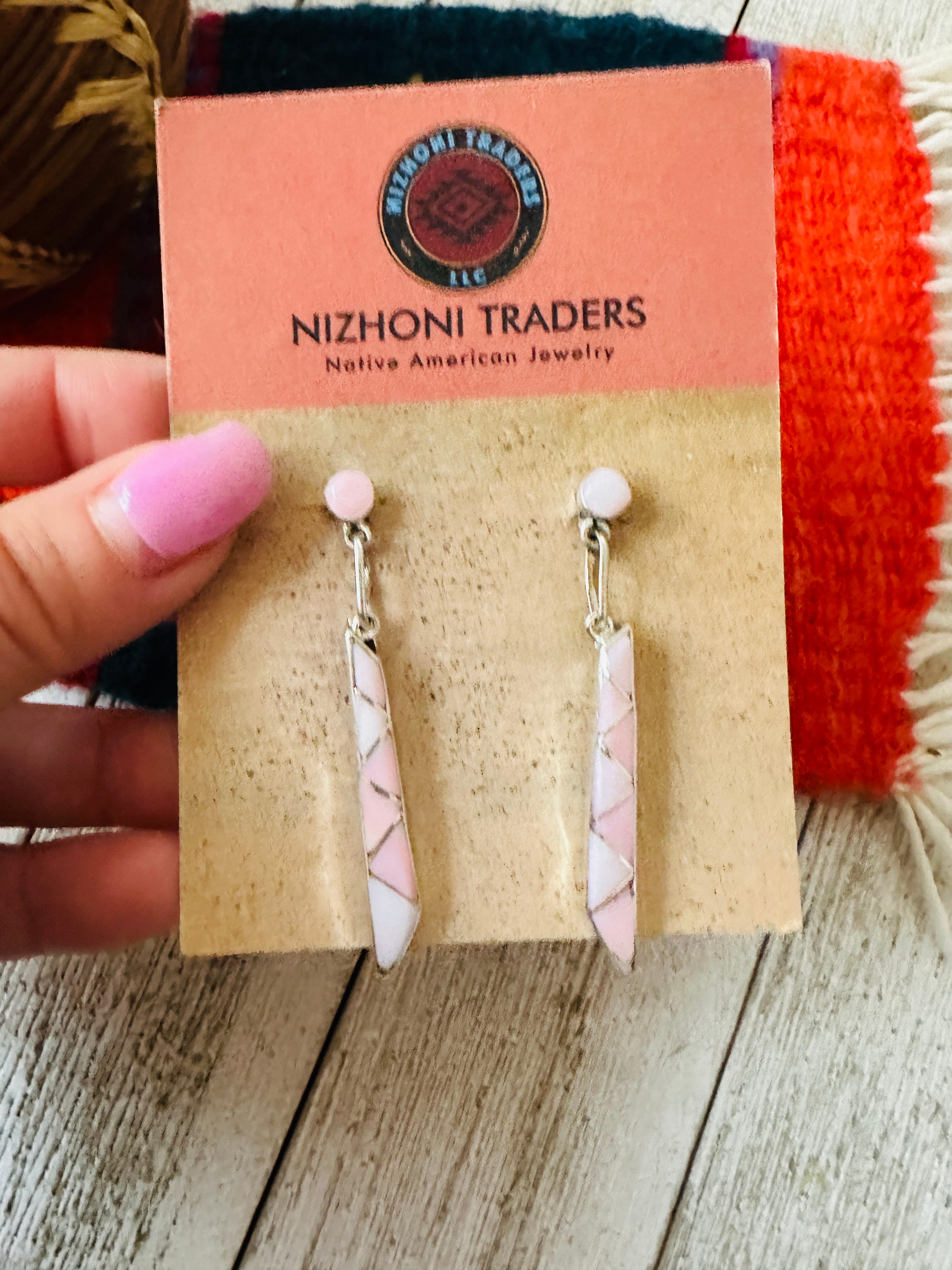 Zuni Mother of Pearl & Sterling Silver Inlay Dangle Earrings